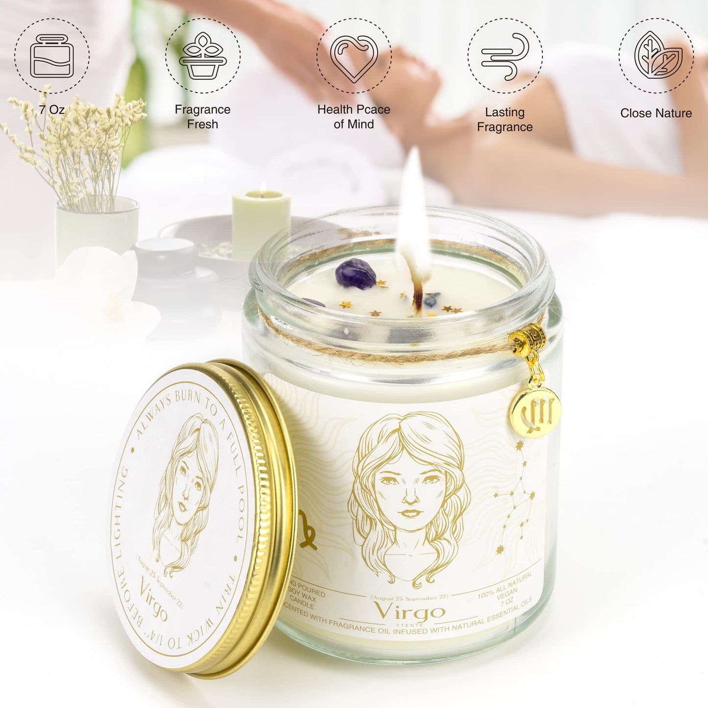 YTENTE Virgo Zodiac Sign Candles Gift, Zodiac Crystals Candle Jar,Astrology Lavender Scented Soy Stones Candles Best Friends Gifts for Women Men Sister Brother Funny Birthday Gift…