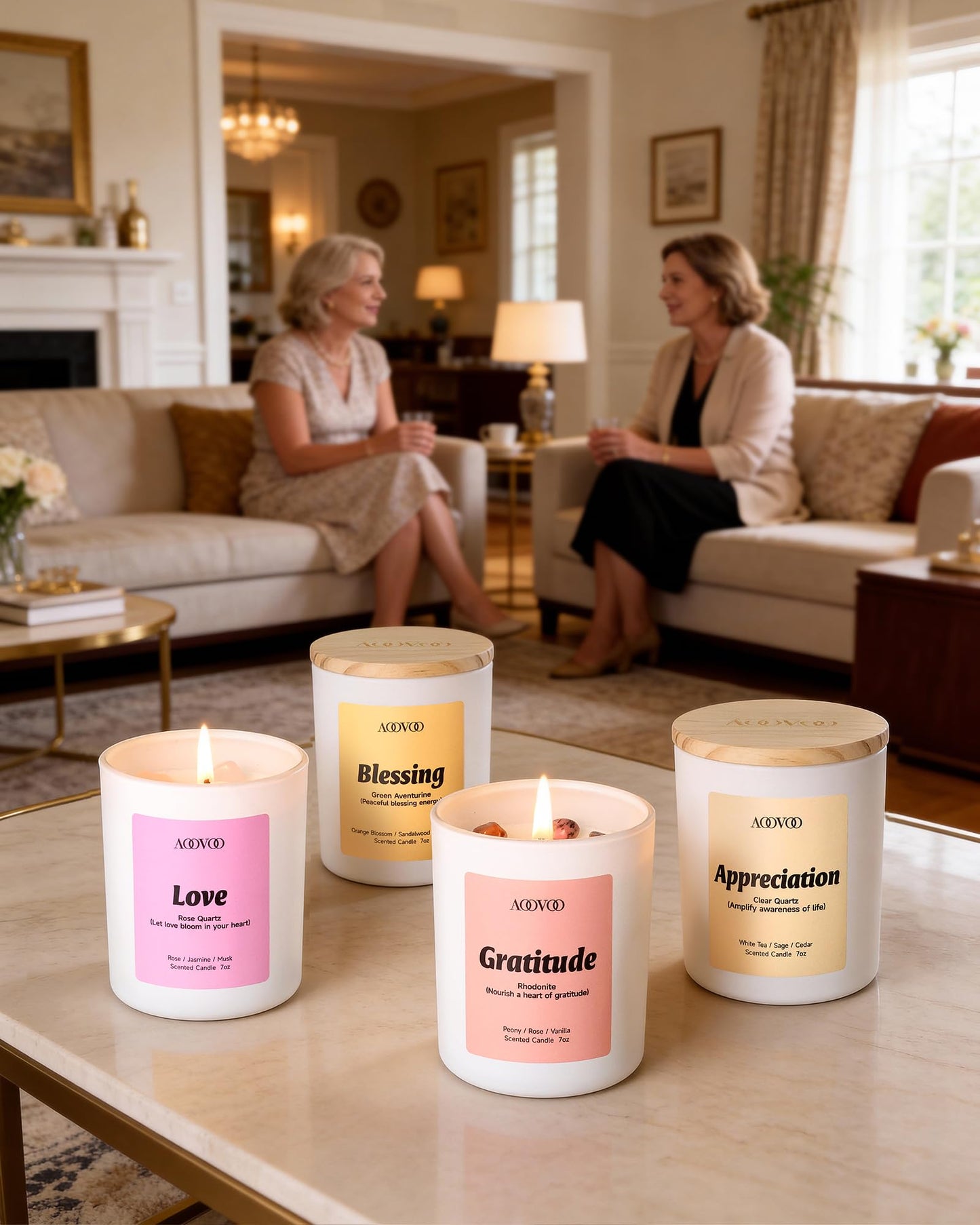 AOOVOO Fathers Day Candles Set for Dad - 4 Pack Candles for Home Scented, Aromatherapy Candle with Crystals, Gratitude Rhodonite/Appreciation Clear Quartz/Blessing Aventurine/Love Rose Quartz