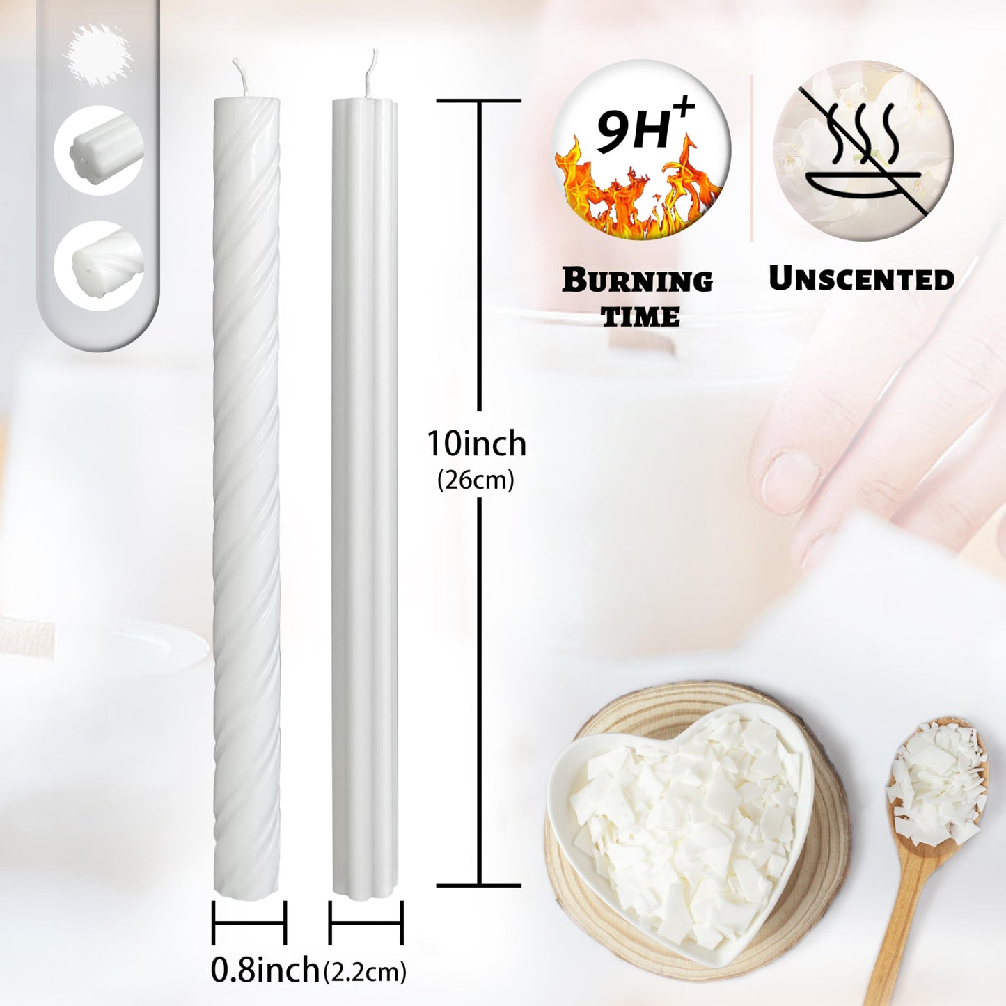 Dripless Unscented White Spiral Taper Candles Smokeless Long Lasting Burn 10 Inch Elegant Roman Column Candlesticks for Home Décor Set of 6