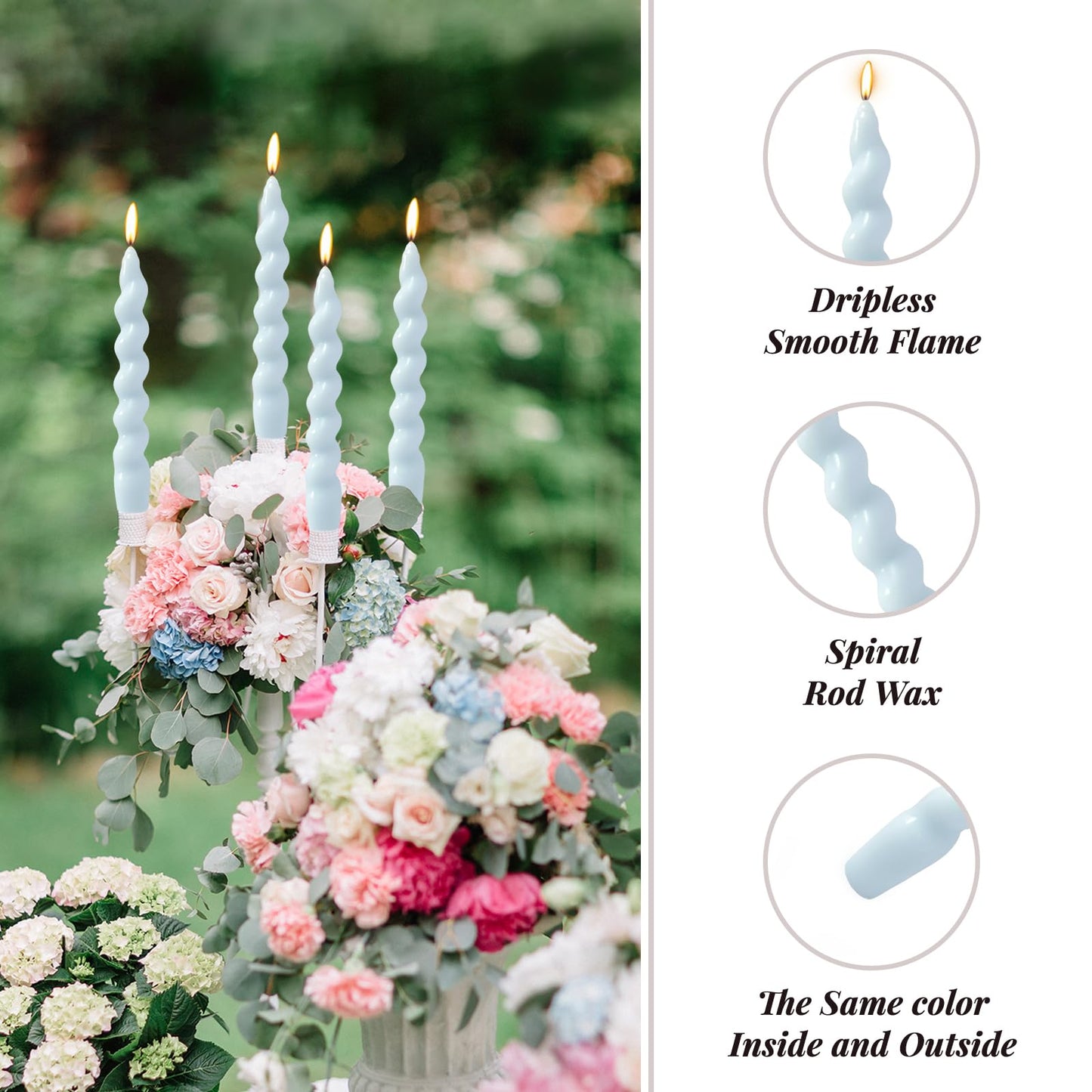 4 Pack 7 Inch Baby-Blue Spiral Taper Candles, Unscented Dripless Fat Twisted Candlesticks for Home Décor Party Wedding Baby Shower and Celebrations