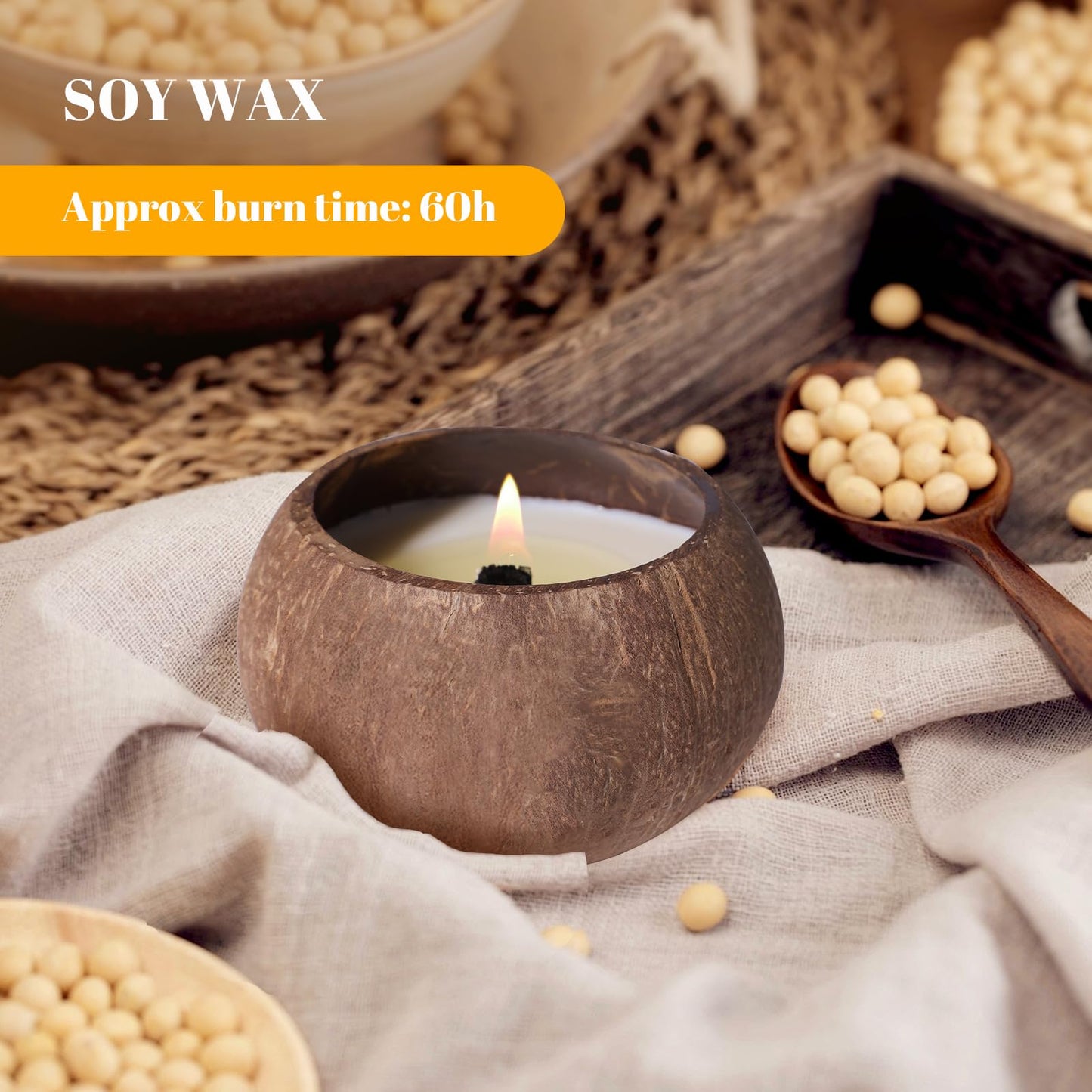PARTYHIPPO Coconut Shell Scented Candle – 60-Hour Burn | 100% Soy Wax | Clean Burning Rosewood Wick | Natural Aromatherapy Gift for Home & Relaxation (Dewy Moss)