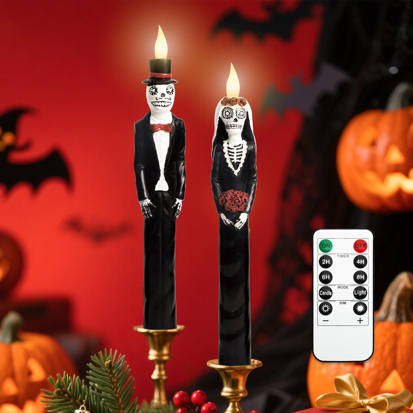 Black Flameless Taper Candles with Remote Battery Operated CandleSticks Flickering Light Set of 2 Real Wax Handmade Skeleton Couple LED Window Candles for Halloween Horror Party Gothic Wedding Decor