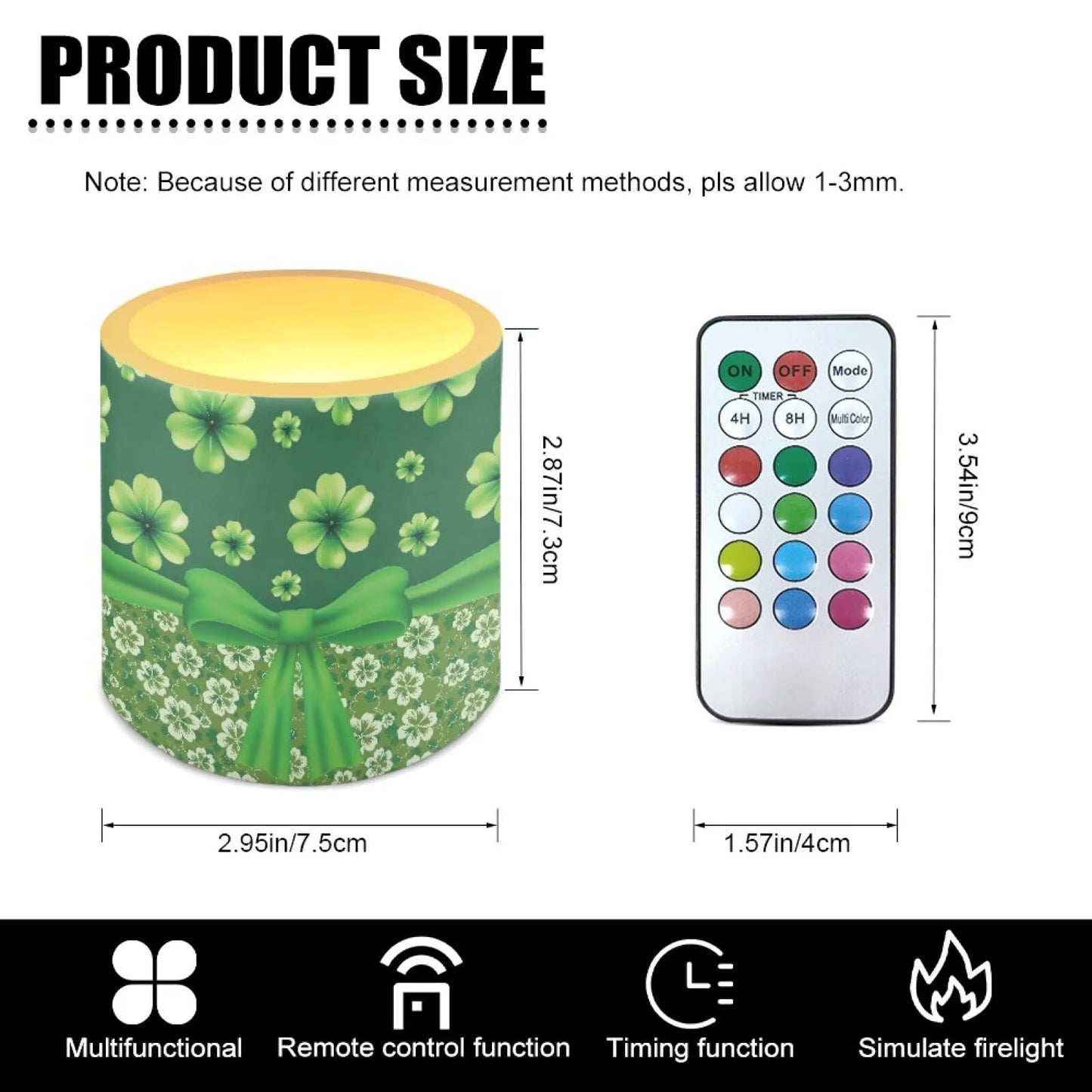 Merkmak 4 Pcs Flickering Flameless Candles with Remote Battery Operated Pillar Candles with Timer St Patrick's Day Shamrocks Ribbon Print LED Pillar Tealights for Patio Banquet Home Decor