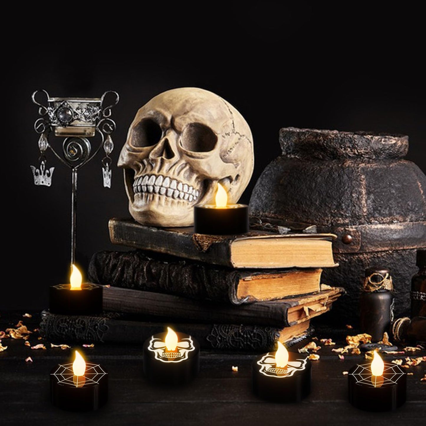 GenSwin Halloween Black Tealights Candles, Battery Operated Tea Lights Candles with Timer, 12 Pack Flameless Candles with 3D Wick, LED Votive Candles with Skull and Spiderweb Prints for Home Decor
