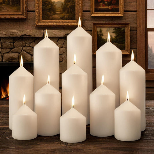 Trxvxo White Pillar Candles Bulk Set of 12, 3 Different Lengths 3 x 3/6/8 Inch (4 Each), Hurricane Candles, Dripless Unscented Smokeless, Gives You a Better Atmosphere When Organizing an Event Party.