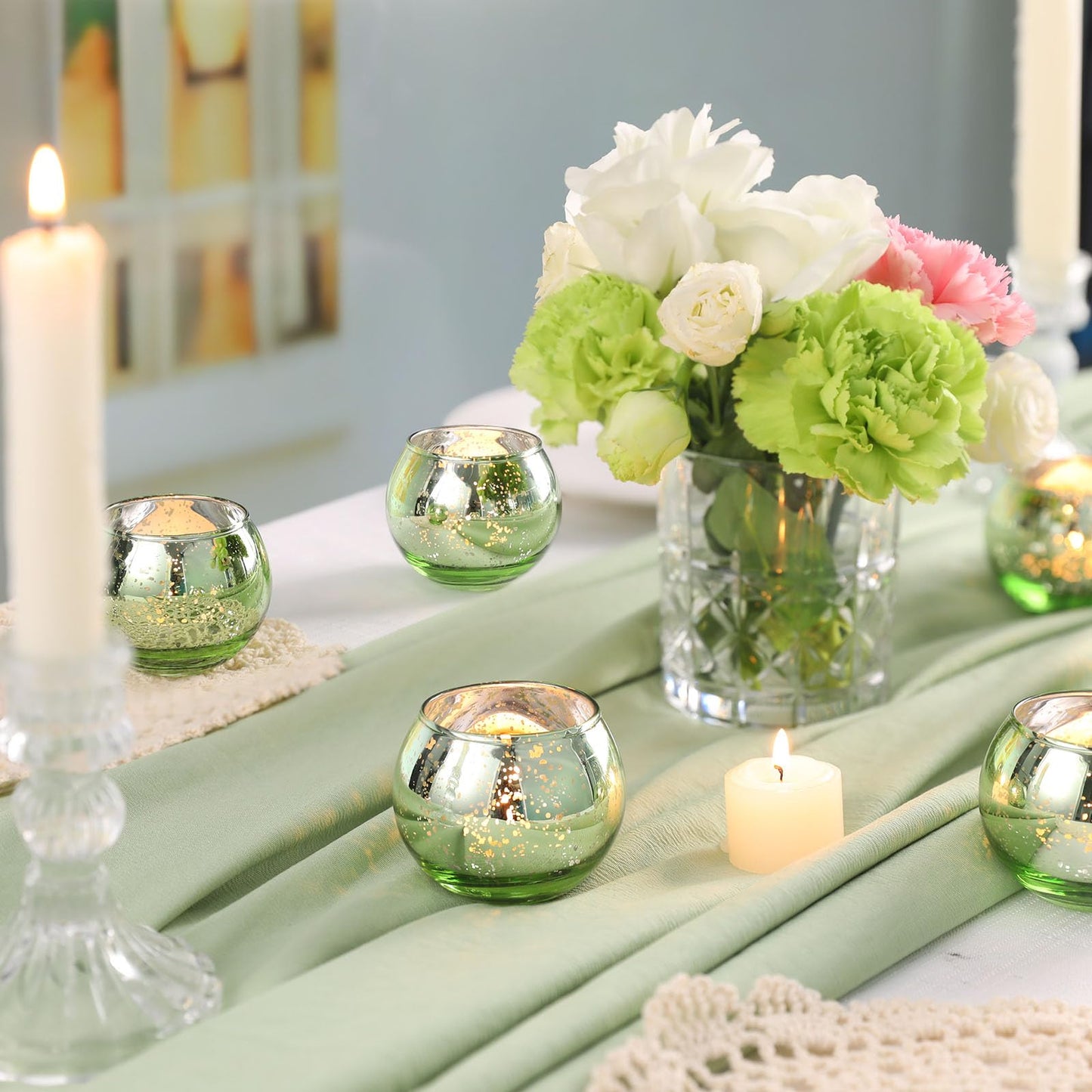 Volens 24PCS Green Votive Candle Holders Bulk, Round Mercury Glass Candle Holders for Tealight - Green Centerpiece Table Decorations for Wedding, Birthday, Party, Bridal Shower and Home Decor