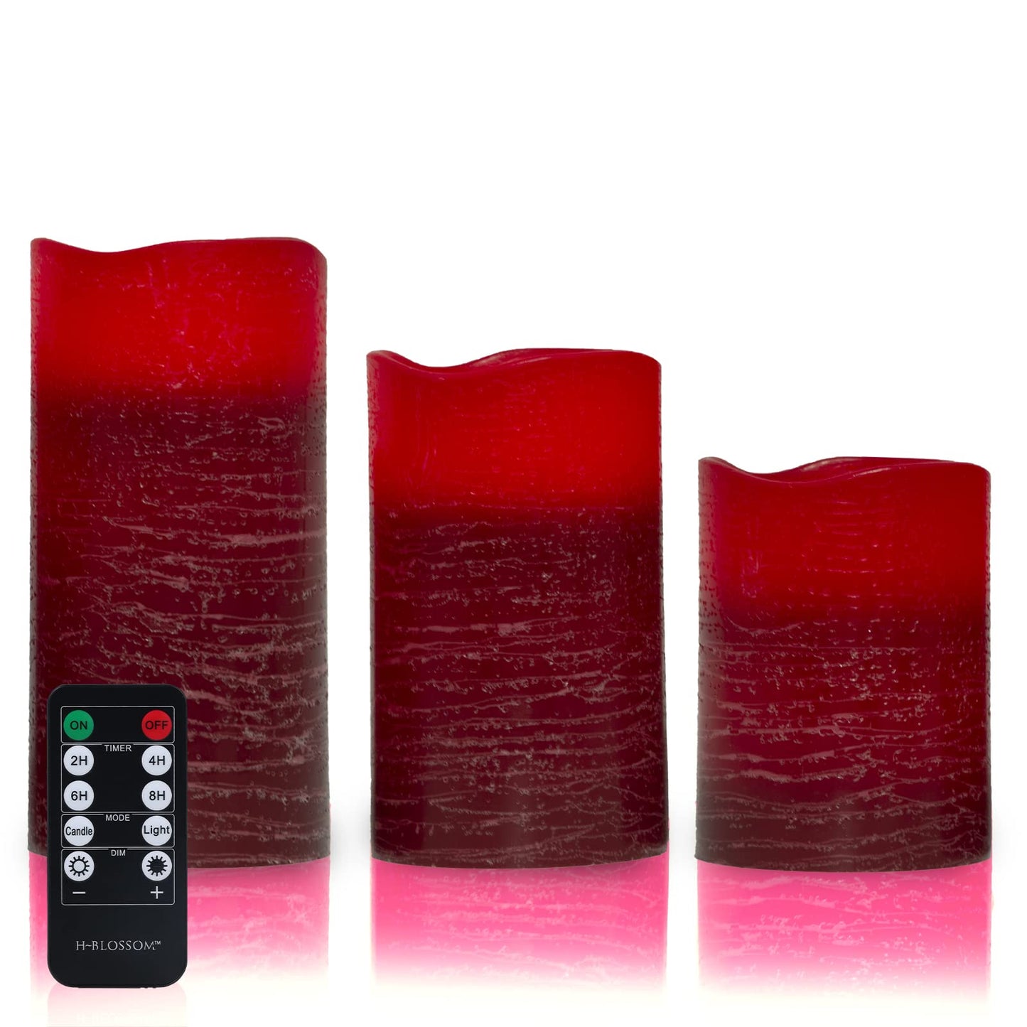 H-BLOSSOM Red Flameless Candles Real Wax LED Pillar Candles Battery Operated with Cycling 5H Timer Set of 3 (3" x 4"/5"/6") (Red)