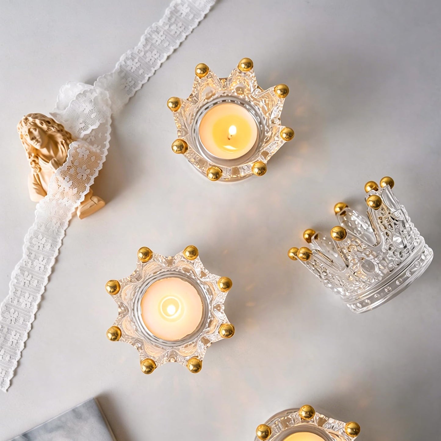 Vixdonos Crown Glass Tealight Candle Holder Set of 12 Votive Candle Holders for Wedding, Party and Home Decor (Gold Tips)