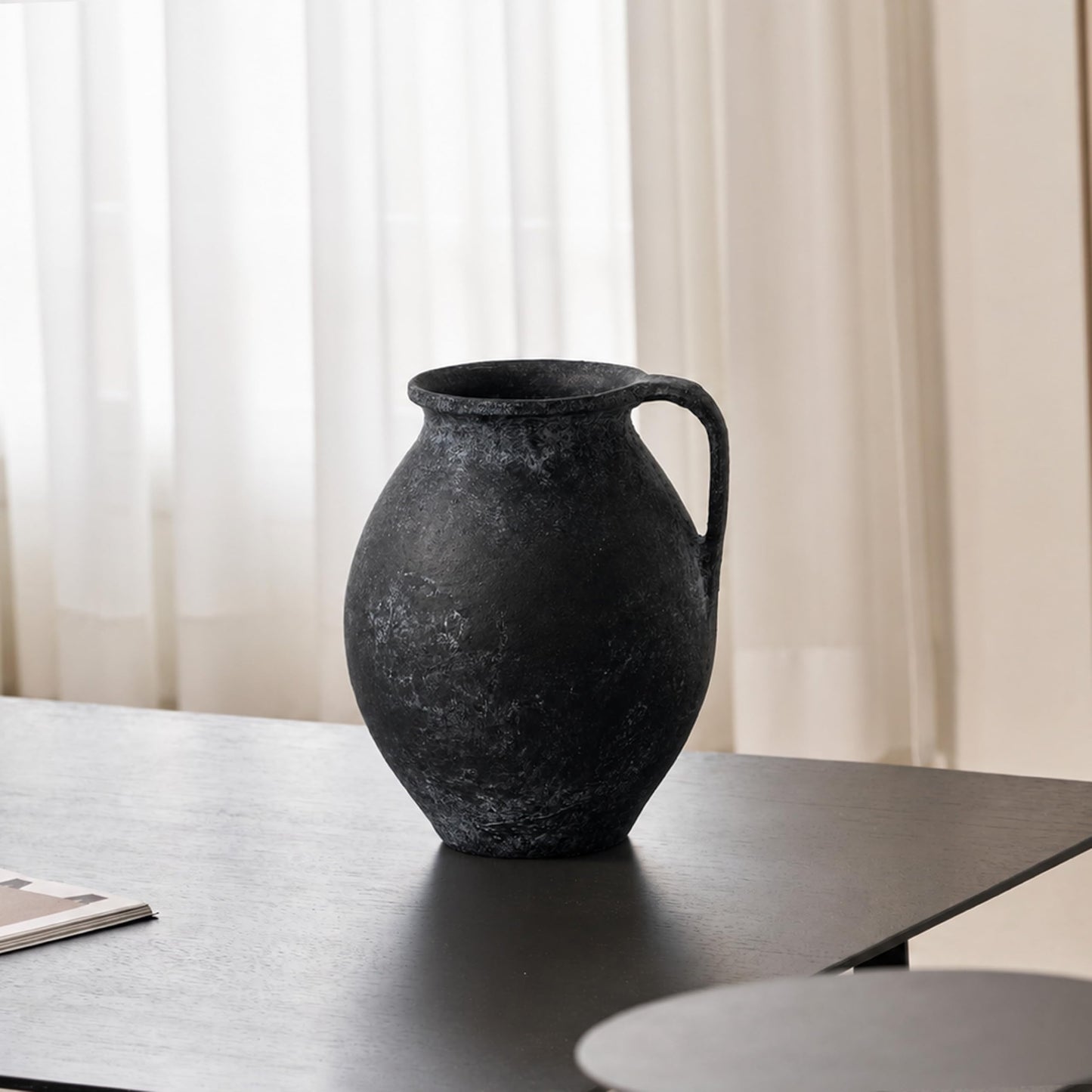 LB2 Black Ceramic Large Vase, 11.2" Tall Zen Style Vase, Terra Cotta Pitcher, Distressed Farmhouse Decor, Pottery Decorative Flower for Home Decor (D - Black 11.2")