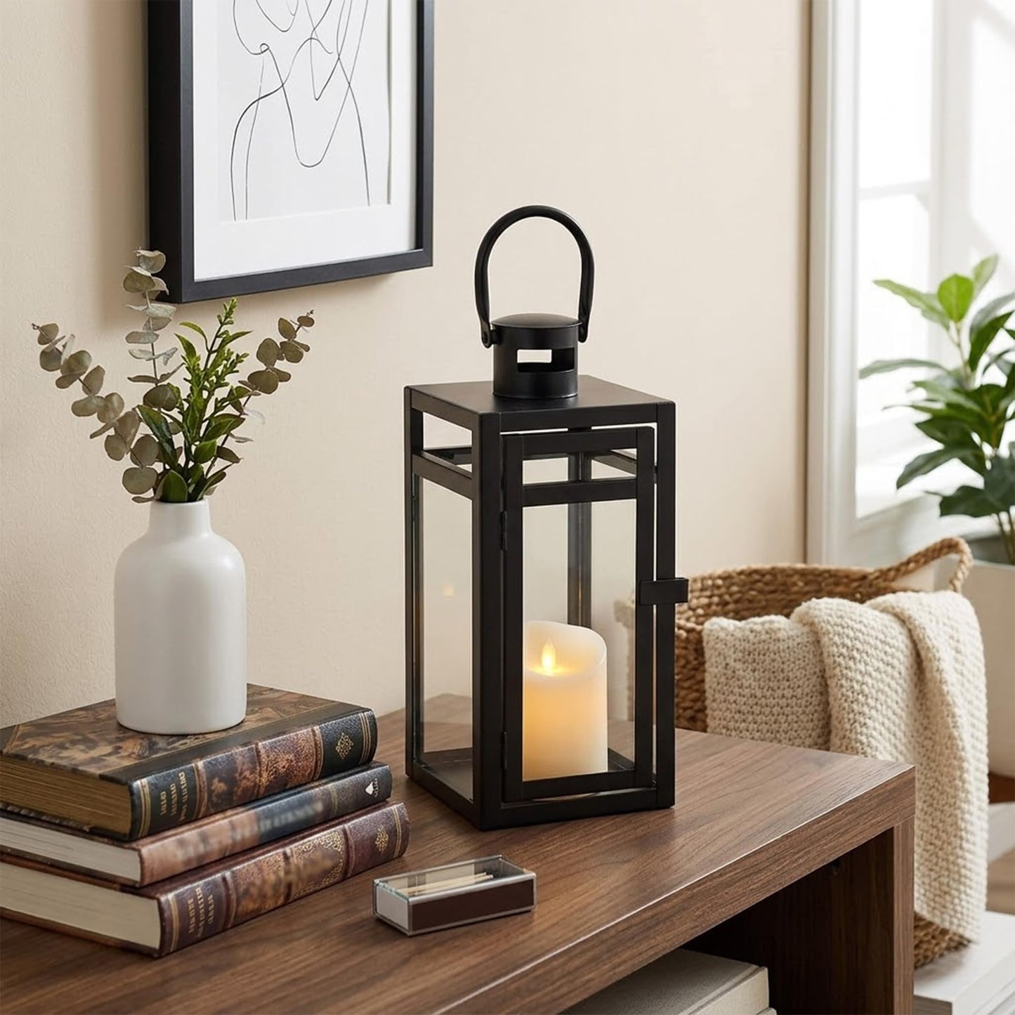 TRIROCKS Metal Candle Lantern 12'' High Decorative Outdoor Lantern Hanging Lantern with Tempered Glass for Christmas Home Decor Living Room Parties Events Tabletop Indoors Outdoors (Black Matte)
