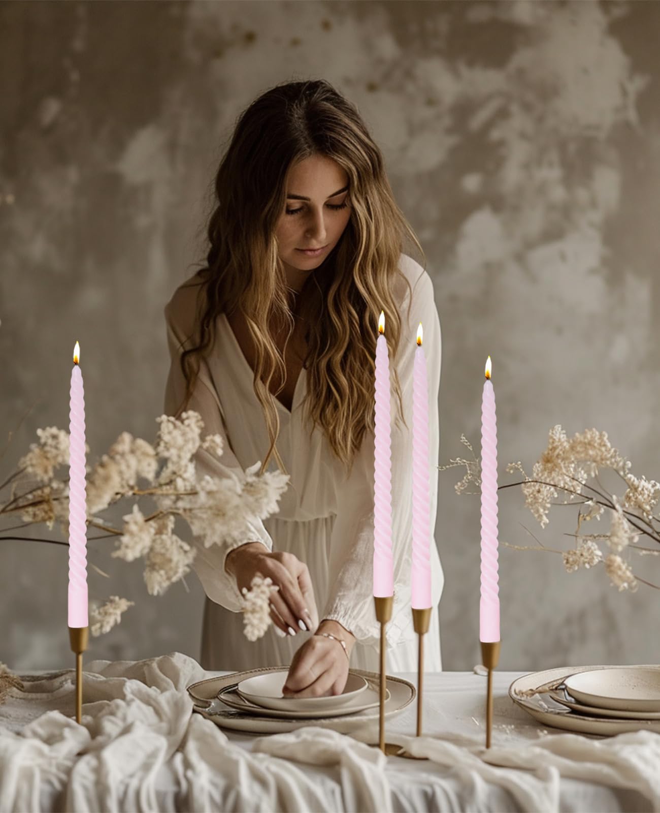 LPUSA Light Pink Tall Taper Candles Spiral Candle Sticks,Unscented Pastel Candle for Holiday,Wedding and Home Decoration,10inch,12 Pack(E-Light Pink)