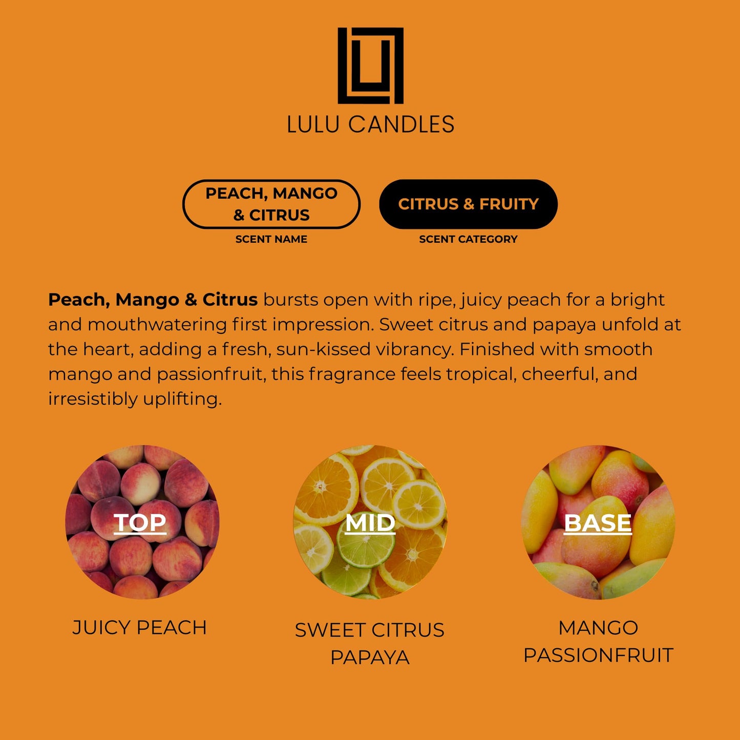 Lulu Candles | Peach, Mango & Citrus | Smells Sweet & Fruity | Luxury Scented Soy Jar Candle | Hand Poured in The USA | Highly Scented Long Lasting (9 Oz.)