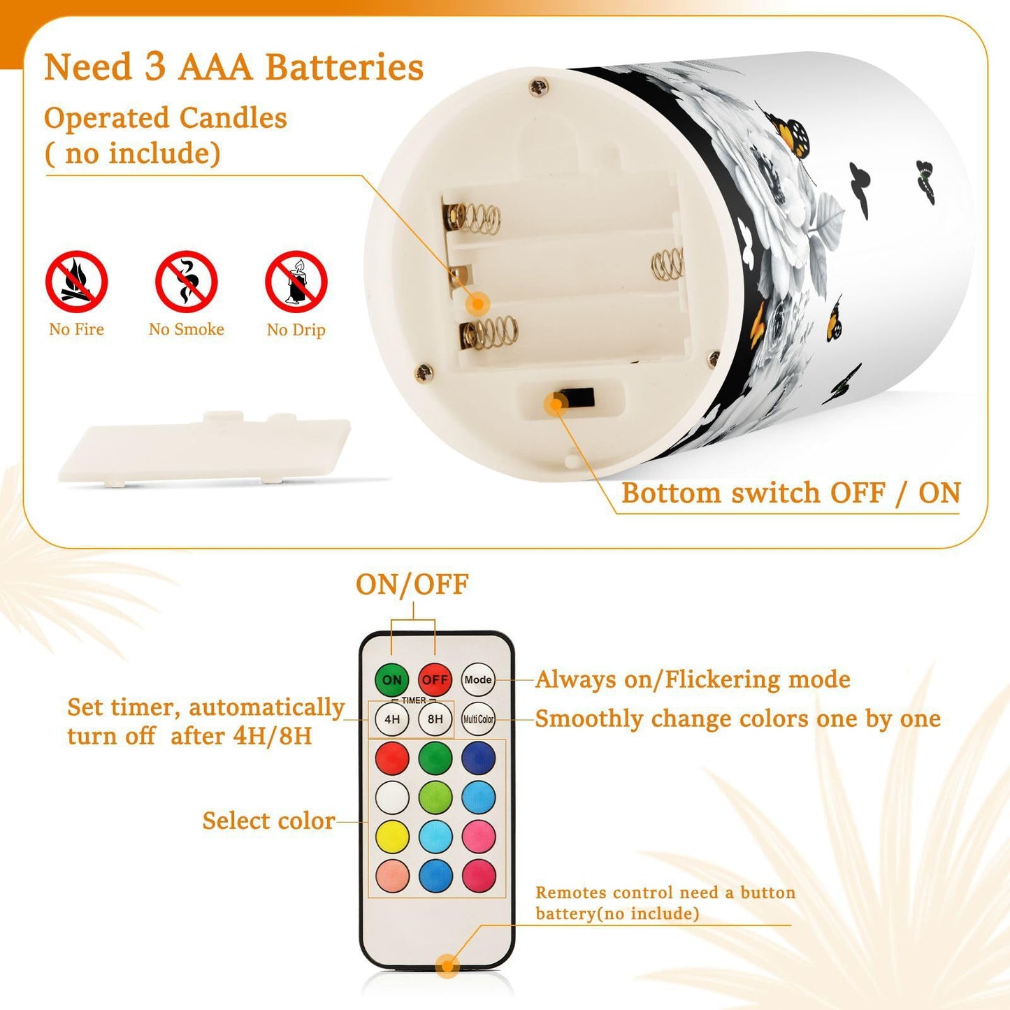 ALAZA Oriental Butterfly Cherry Blossom Flowers Flickering Flameless Candles Battery Operated with Remote Timer,Tea Light Candles LED Pillar Votive Candles Set of 2 for Outdoor Indoor Decorations