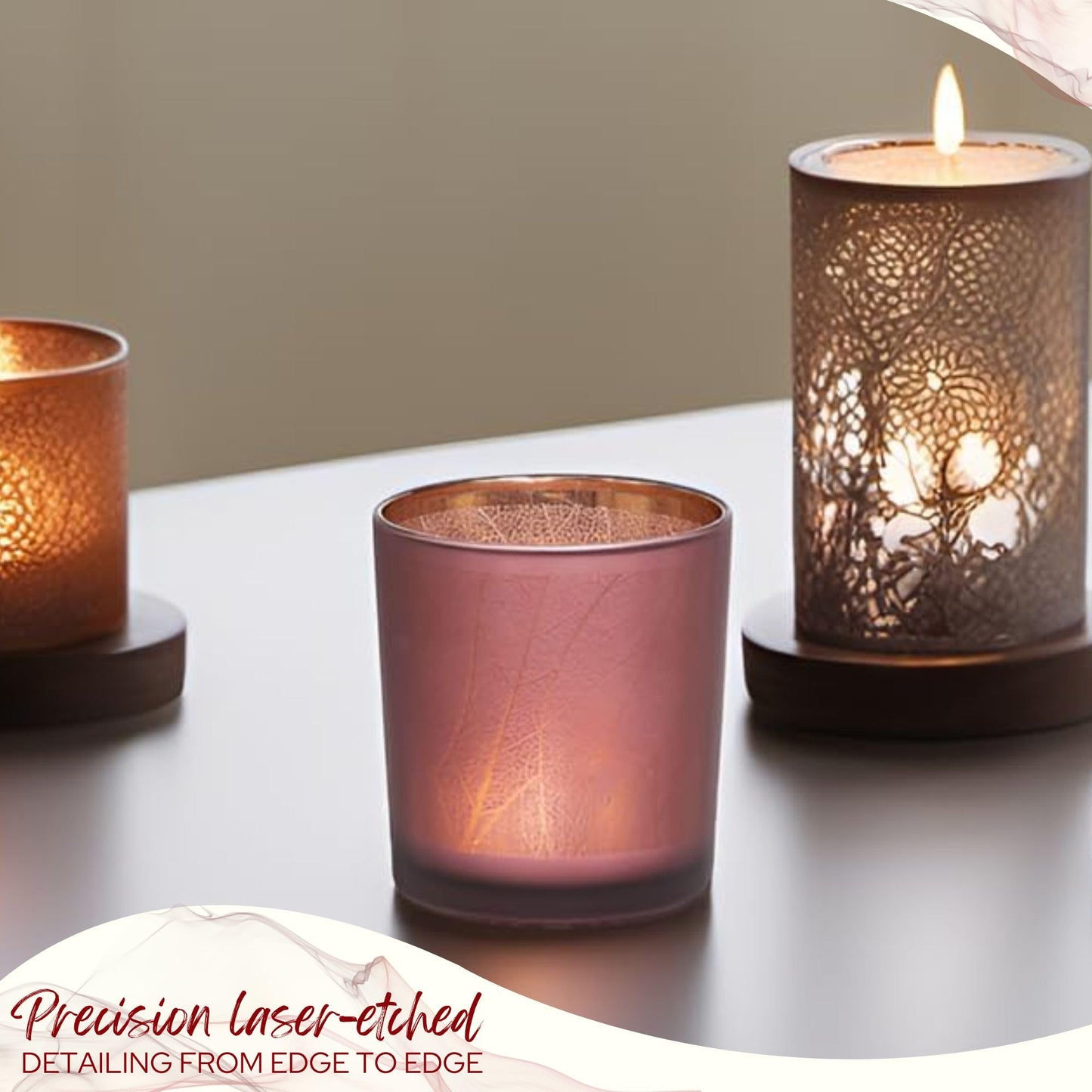 Biedermann & Sons Taro Leaf Glass Candle Holders (Set of 4), Russet Red with Laser Etched Leaves, 4 Inch Diameter x 5 Inch Tall, Warm Ambient Decor for Tables and Shelves