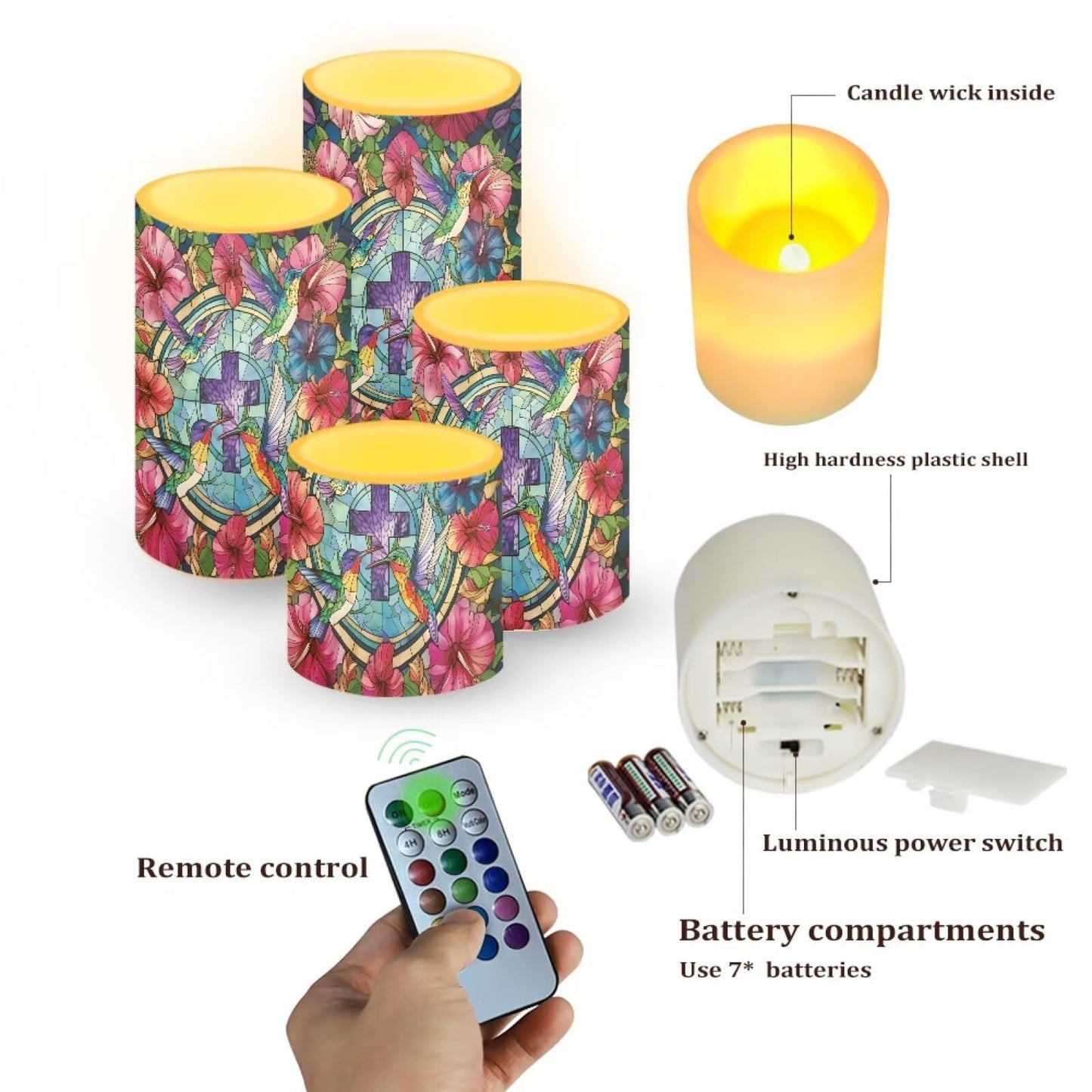 Cozeyat Cross Hummingbird Floral LED Candles Set of 4 Battery Powered Flameless with Remote Timer Flickering Waterproof for Indoor Outdoor Table Garden Birthday Decor