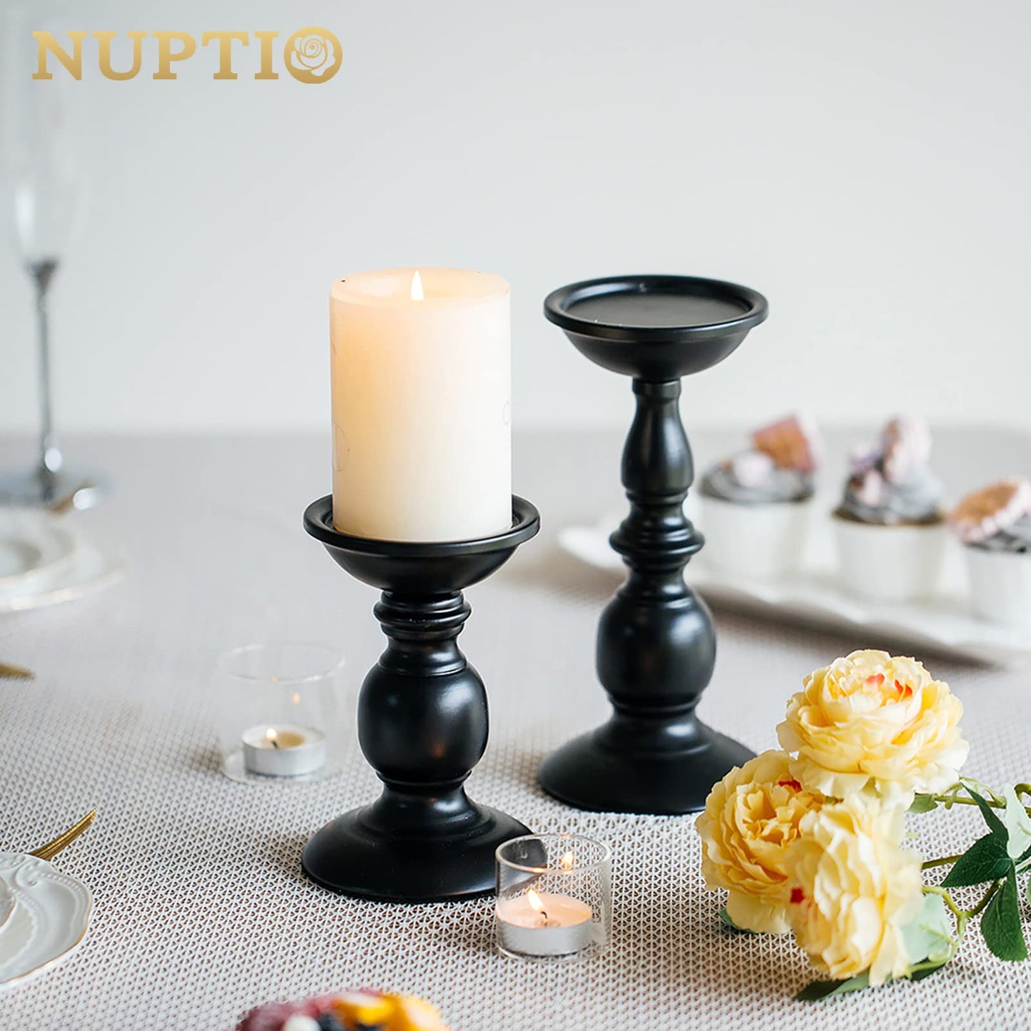 Nuptio Black Candle Holder for Pillar Candles - 2 Pcs Rustic Candle Holders Set Metal Candle Stand Tall Retro Fall Pillar Candleholder for Halloween Easter Farmhouse Fireplace Home Table Centerpiece
