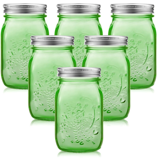 Yinder 6 Pack 32 oz Mason Jars with Lids Bulk, Durable Wide Mouth Vintage Color Glass Canning Jars for Storage Canning Fermenting Pickling DIY Crafts & Decor, Dishwasher Not Allowed(Green)