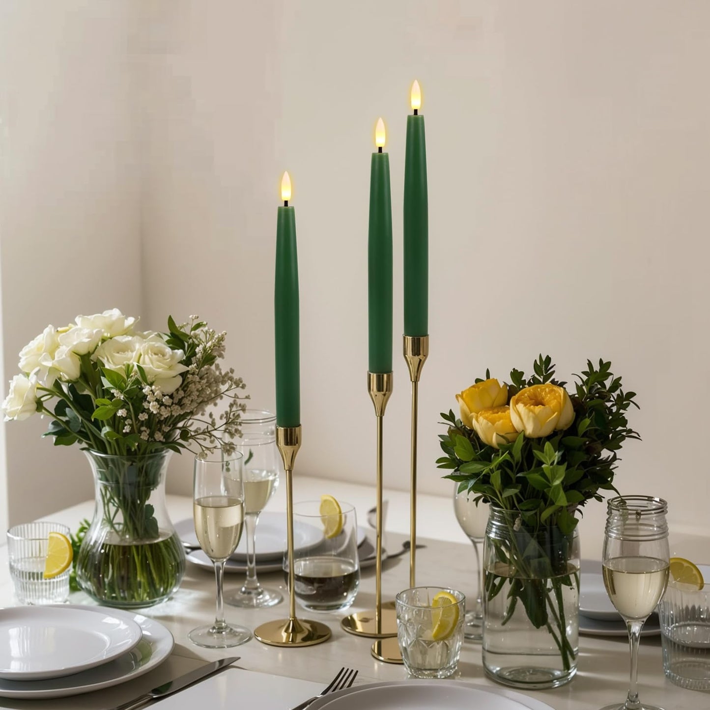 GenSwin Flameless Taper Candles with Remote Timer, Real Wax LED Flickering Candlesticks Battery Operated 3D Wick for Wedding, Party, Home(Christmas Green, 9.84", Set of 2)