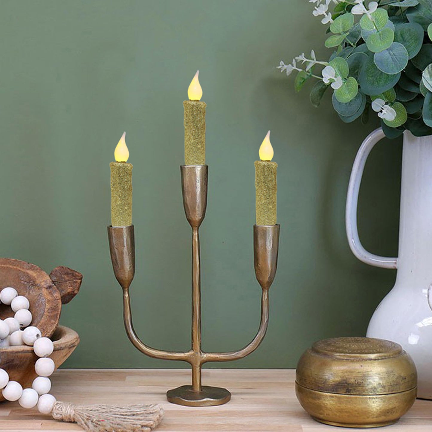 CVHOMEDECO. Glitter Flameless Candles Flickering Battery Operated LED Taper Candles with Timer for Home, Wedding, Halloween, Christmas Decor. Gold, 4-3/4 Inch, Set of 6