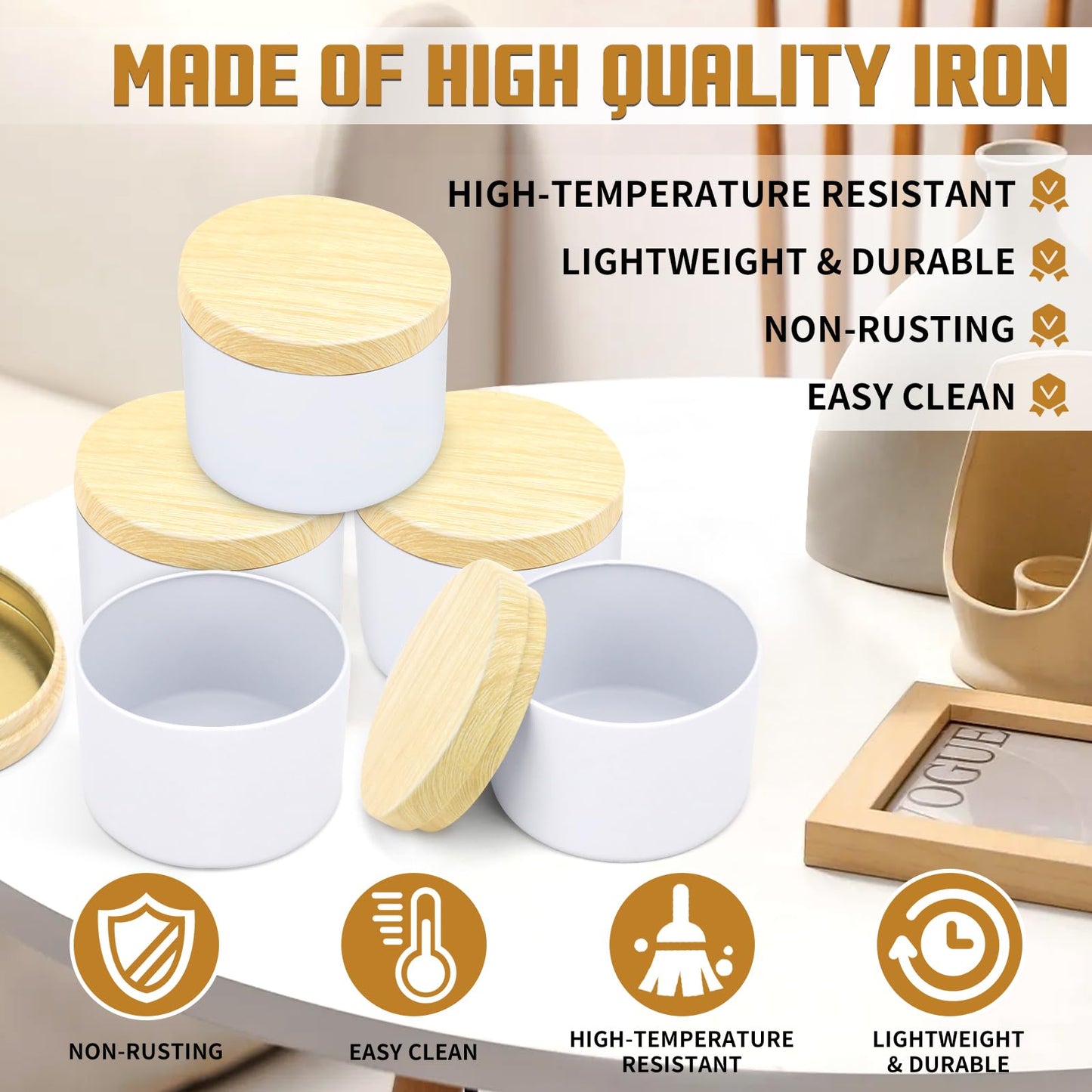 YJHSS 48-Pack Candle Jars, 24pcs 8oz + 24pcs 4oz Candle tins with Metal Wood-Grain Printing Lids, Empty Candle Jars for Making Candles Bulk Candle Containers-White