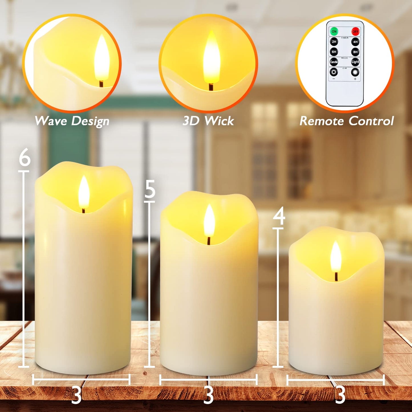 Homemory Flickering Flameless Candles, Realistic LED Candles with Remote and Timer, Real Wax Battery Operated Candles, Set of 3, Ivory