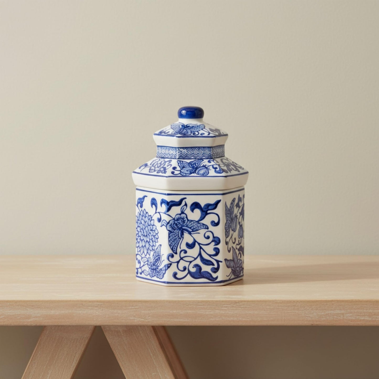 Sandalwood Scented Candle with Lid for Men and Women - Ceramic Chinoiserie Candle with Lid for Living Room, Bedroom, and Bathroom - Decorative Accent for Indoor and Outdoor - 7", Blue & White