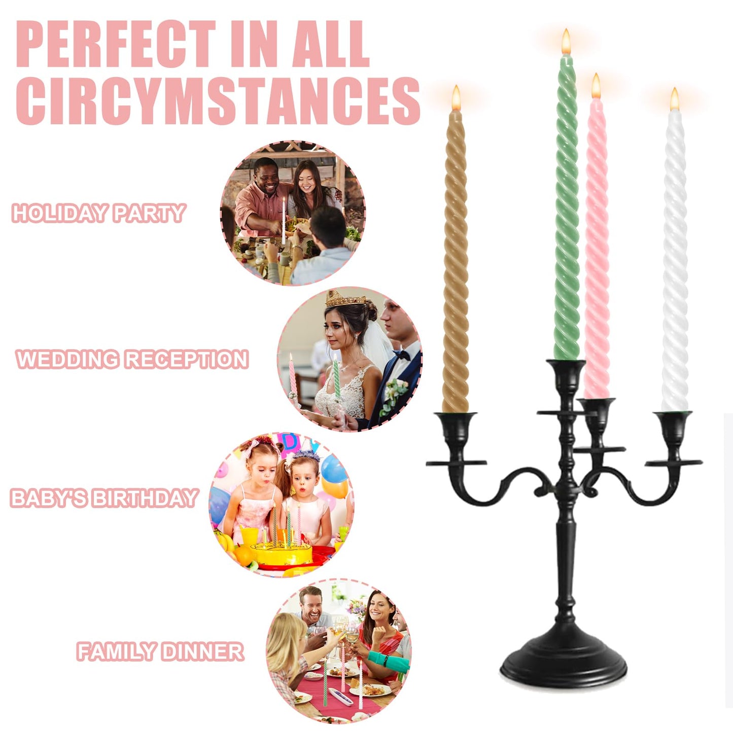 Whaline 8Pcs 10 Inch Christmas Pink and Green Spiral Taper Candles Dripless Twisted Wax Candles Long Unscented Candle Sticks for Home Party Dining Table Decor (Pink, Green, White, Gold)