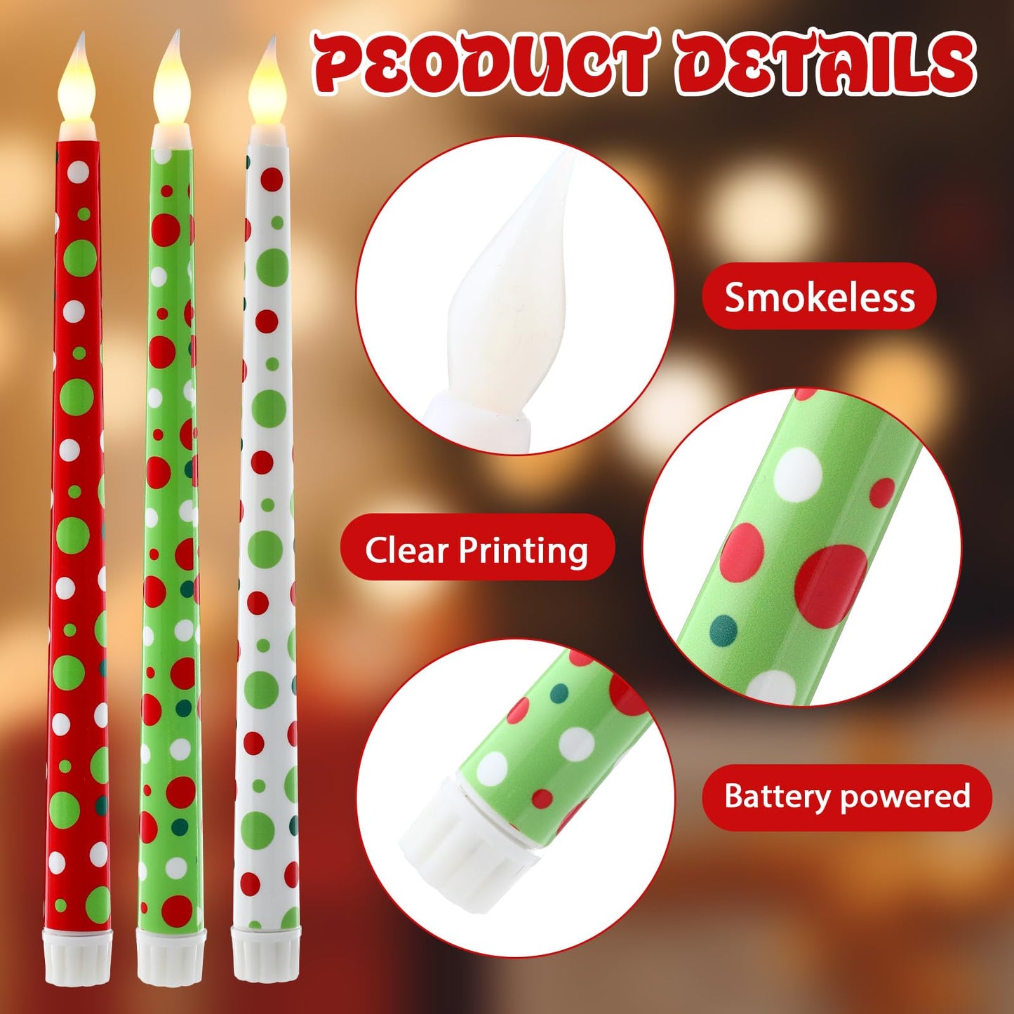 Kittmip 6 Pcs Christmas Flameless Taper Candles 11 Inch Long Polka Dots White Red Green Battery Operated LED Candles Elf Candlestick Table Centerpiece for Xmas Winter Holiday Party Decor