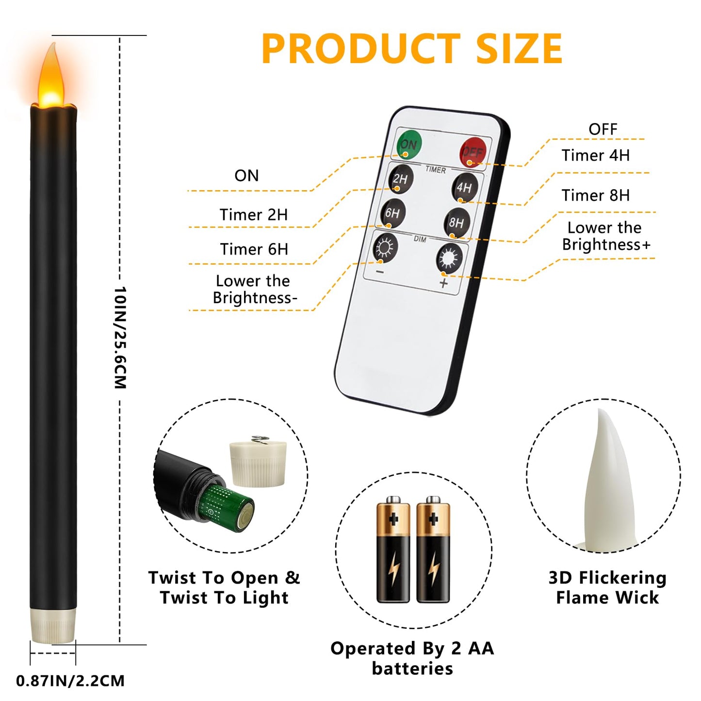 wemarry Flameless Taper Candles 10" Dripless Battery Operated Taper Candles Included Remote Timer 400+ Hours by 2AA Batteries for Halloween Christmas Wedding (Black, 12 Pack)
