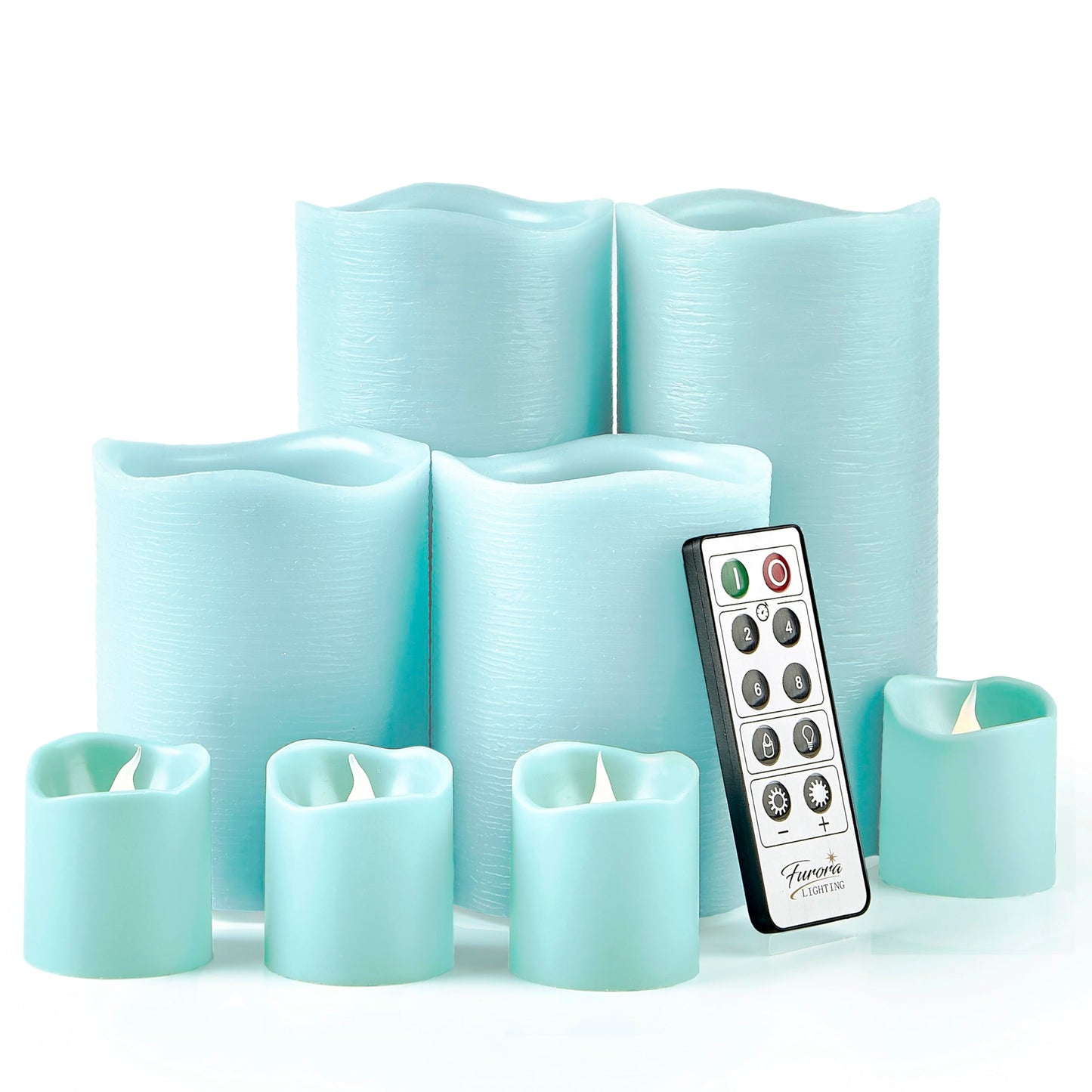 FURORA LIGHTING Blue Flameless Candles - Real Wax, Adjustable Brightness, Remote & Timer - 4 Pillars (3x4, 3x6) and 4 Votives, 8-Pack, Battery Operated