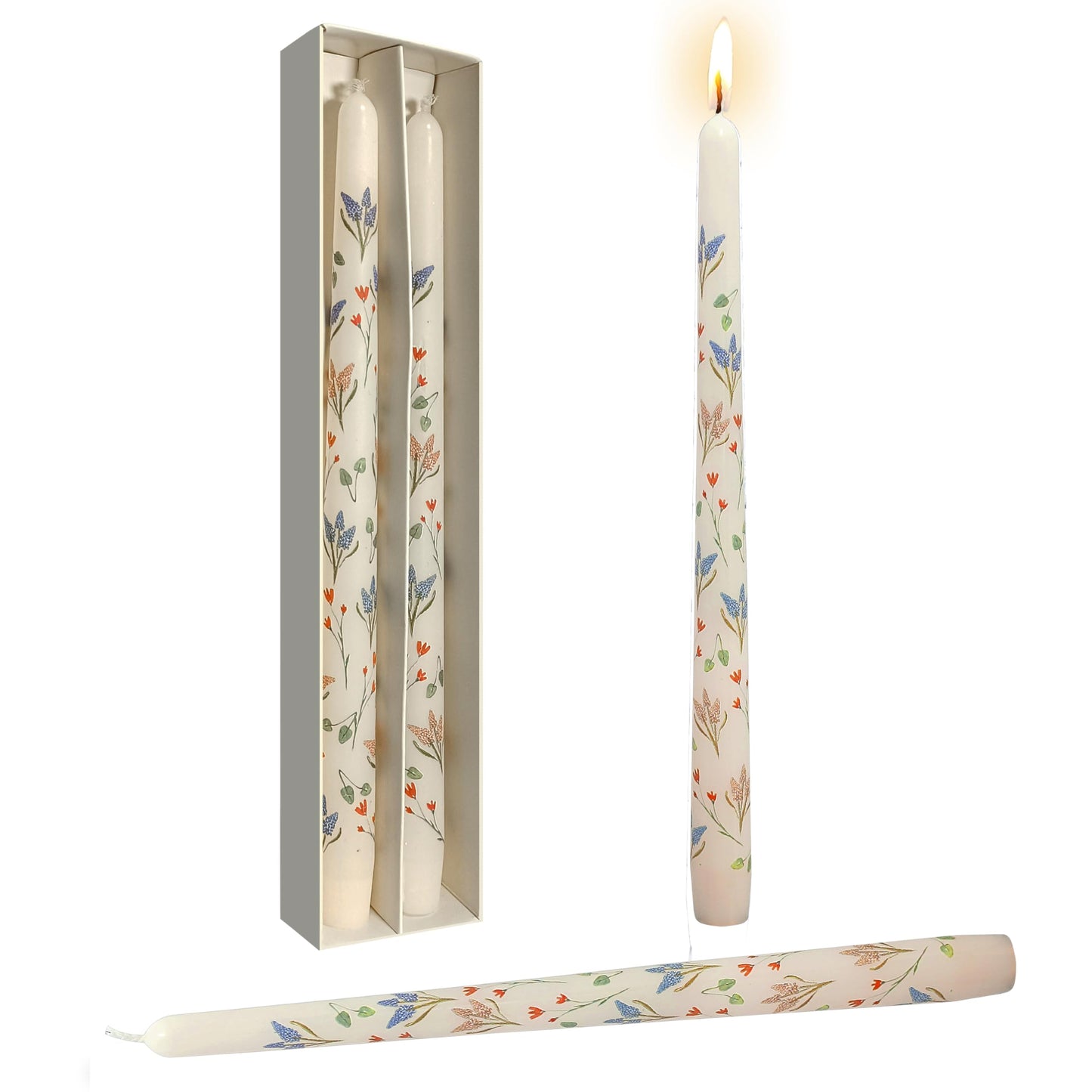 Hyacinth Printed Taper Candles Set of 2, 10 Inch Handmade Tapered Candles, Unscented Floral Candle Stick Style Candlesticks for Wedding Home Decor Gift