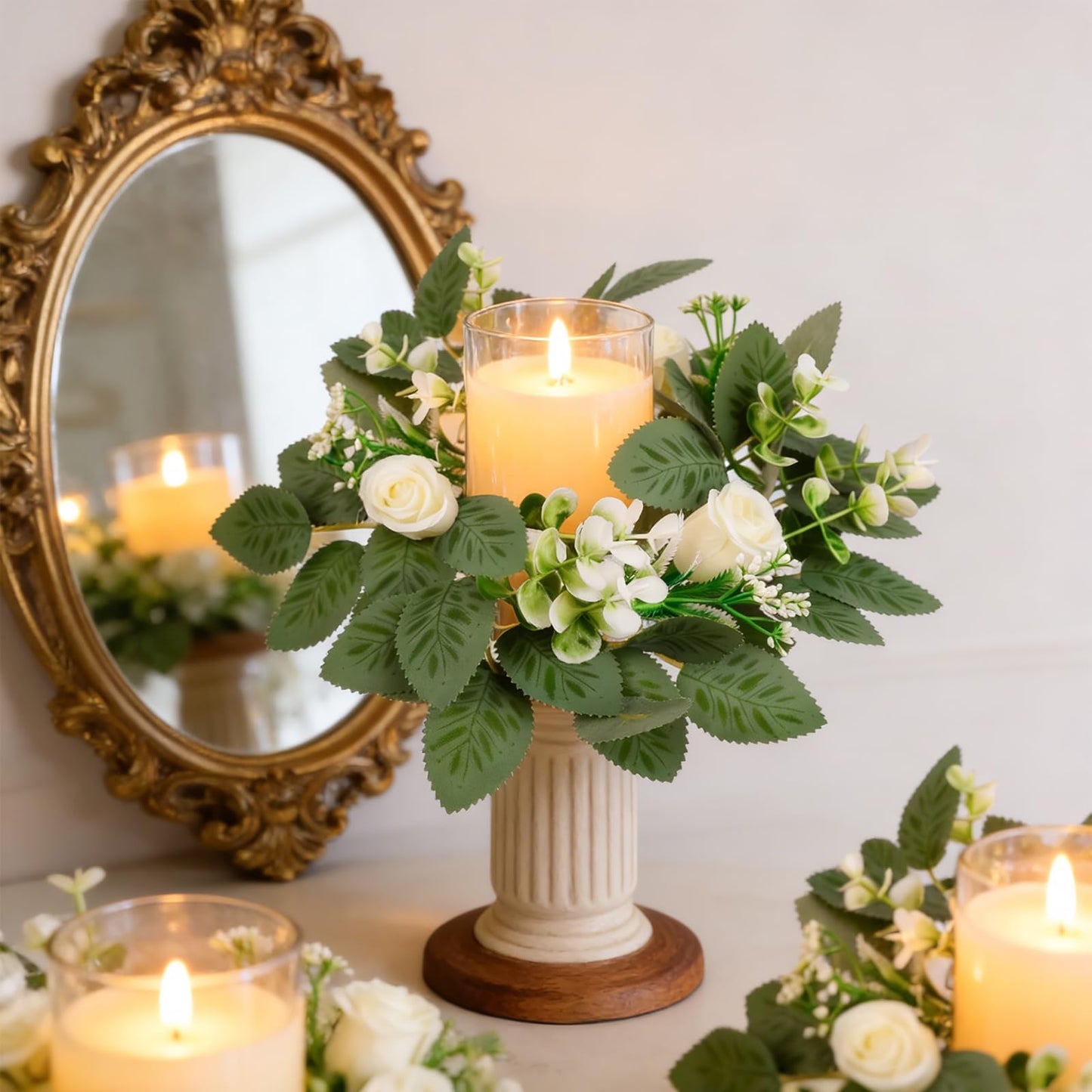 10PCS Wedding Rose Candle Rings Artificial Floral Eucalyptus Leaves Wreaths Faux Candle Rings Summer Greenery Candleholders Garland Pillar Holder for Bridal Shower Bachelorette Party Table Decor
