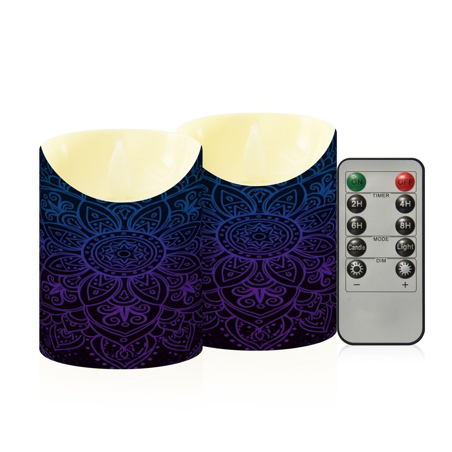Flameless Candles Set of 2 Boho Ethnic Mandala A Realistic LED Candles with Remote Battery Operated Holiday Decorations