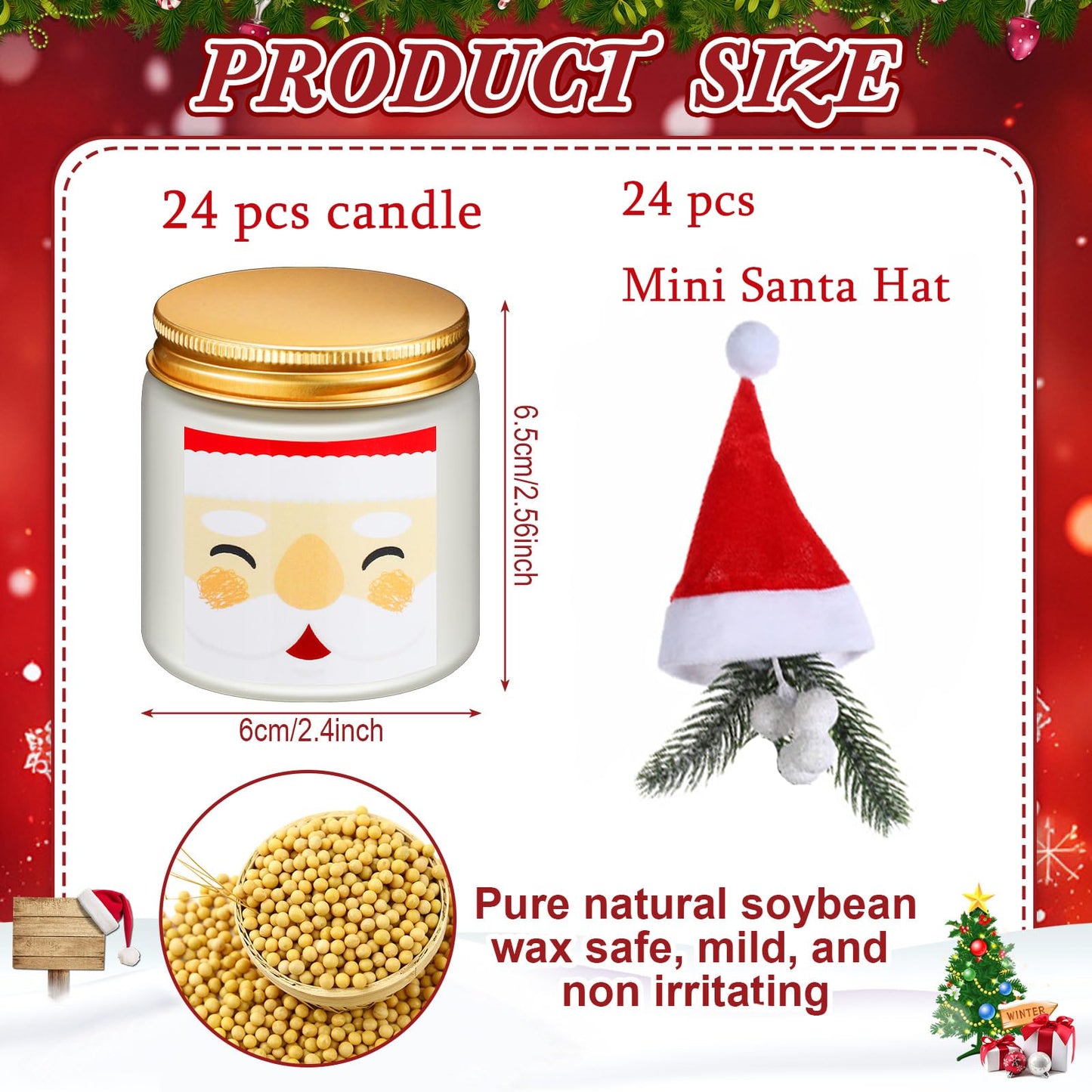 Conelist 48 Pack Christmas Scented Candles Jar Set Include 24 Pcs 7oz Soy Wax Aromatherapy Candles and 24 Pcs Mini Santa Hat Holiday Party Favor Gift Bulk for Women Men Adult Coworker