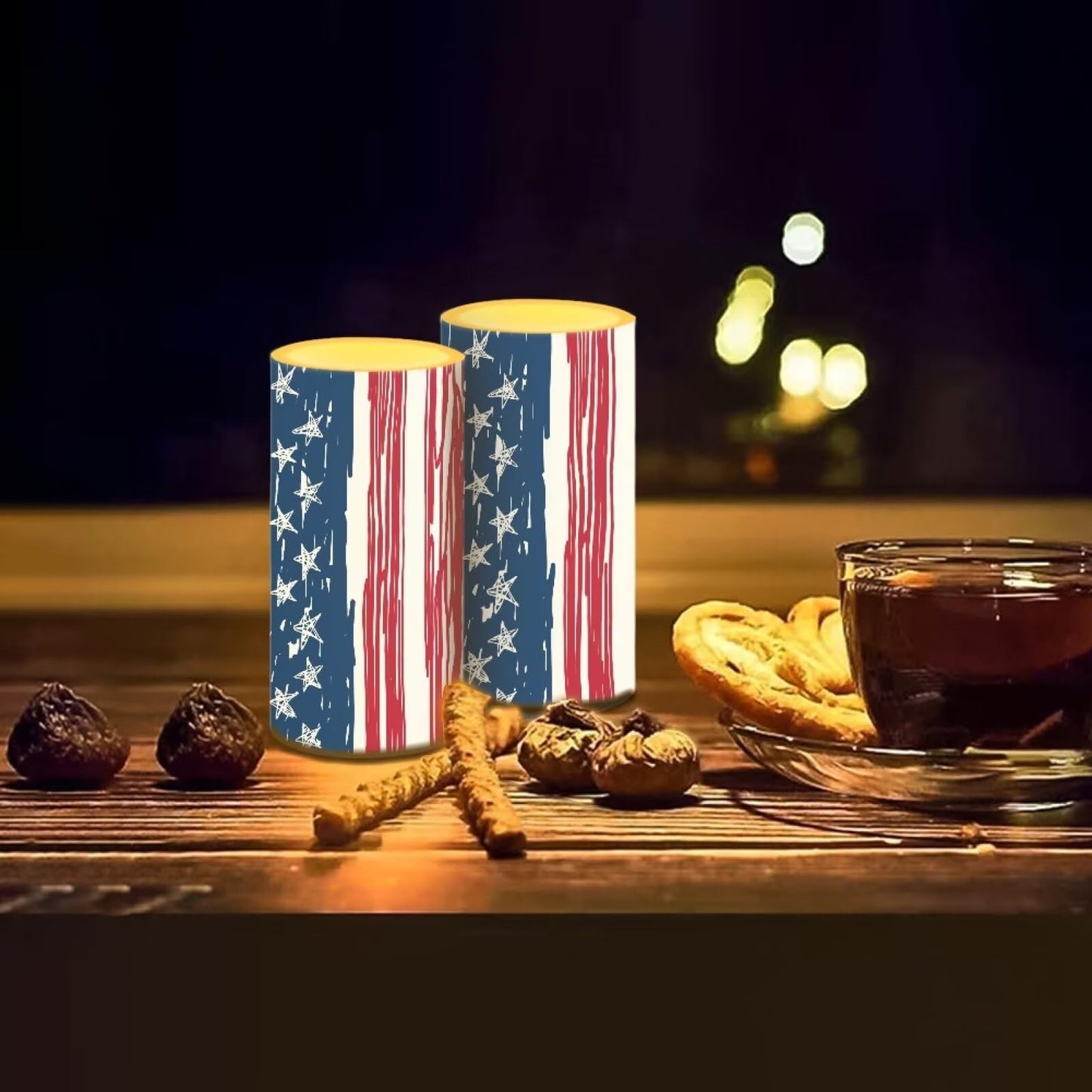 NETILGEN Patriotic USA Flag Flameless LED Candles with Battery Operated Set of 2 with Timer Remote Control July 4th American Flag Independence Day Decor