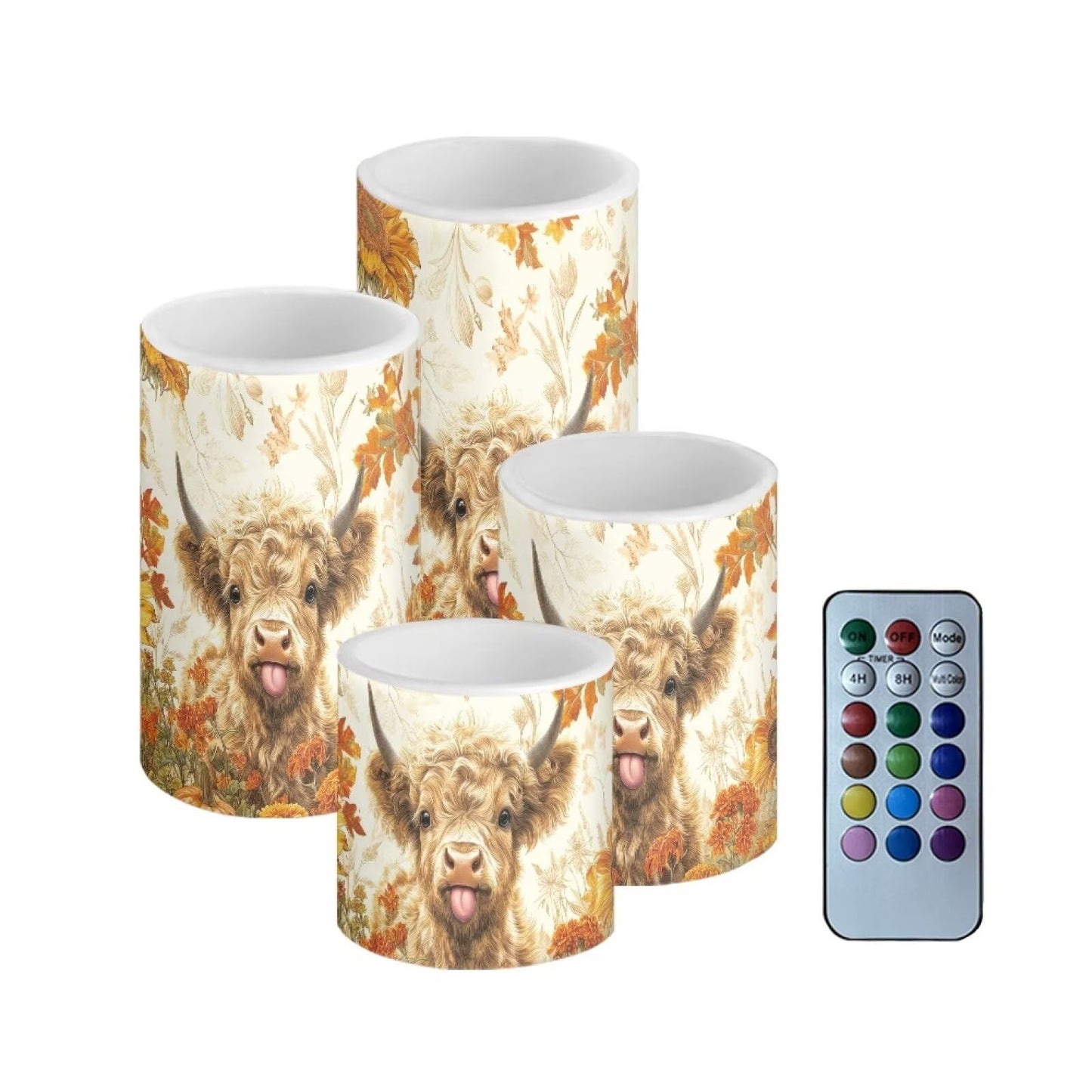 NETILGEN LED Flameless Candles Set of 4 Battery Operated with Remote Control Timer Dancing Flame Pillar Candles Thanksgiving Day Maple Leaf Highland Cow