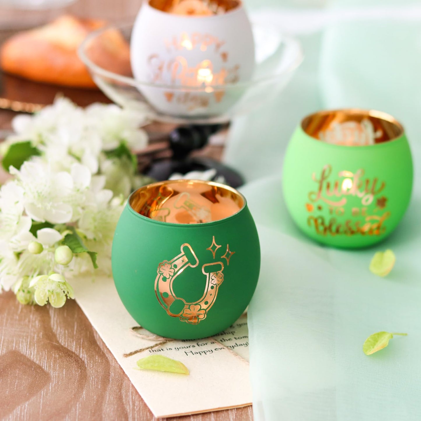SHMILMH St. Patrick's Day Candle Holders 6PCS St Patricks Day Shamrocks Decorations for Table Centerpiece, Glass Votive Tealight Holders for Home Decor Party Decorations
