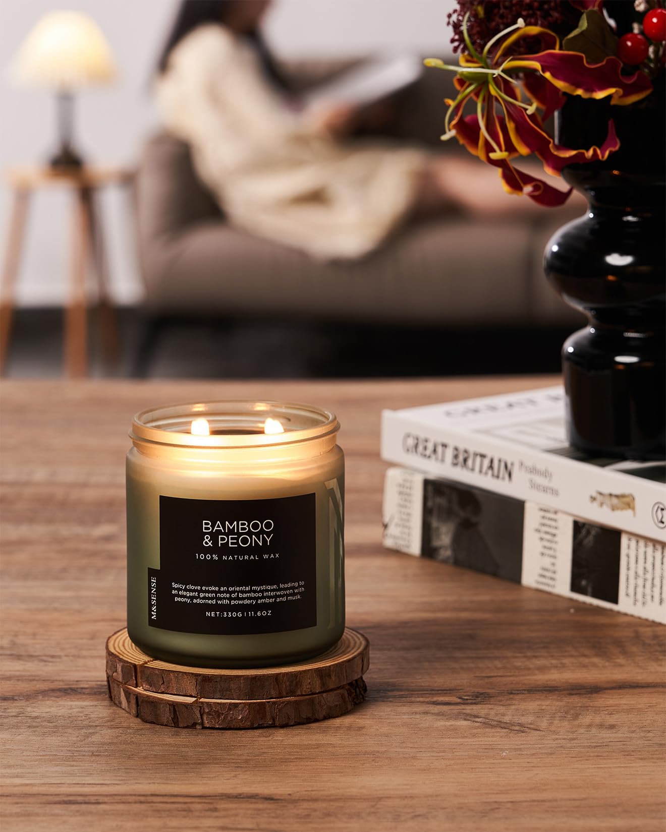 M&SENSE Bamboo Peony Scented Candles for Home, 11.6oz Natural Soy Wax, 70 Hours Slow Burning Aromatherapy Jar Candle, Home Fragrance Gifts for Stress Relief Relaxation