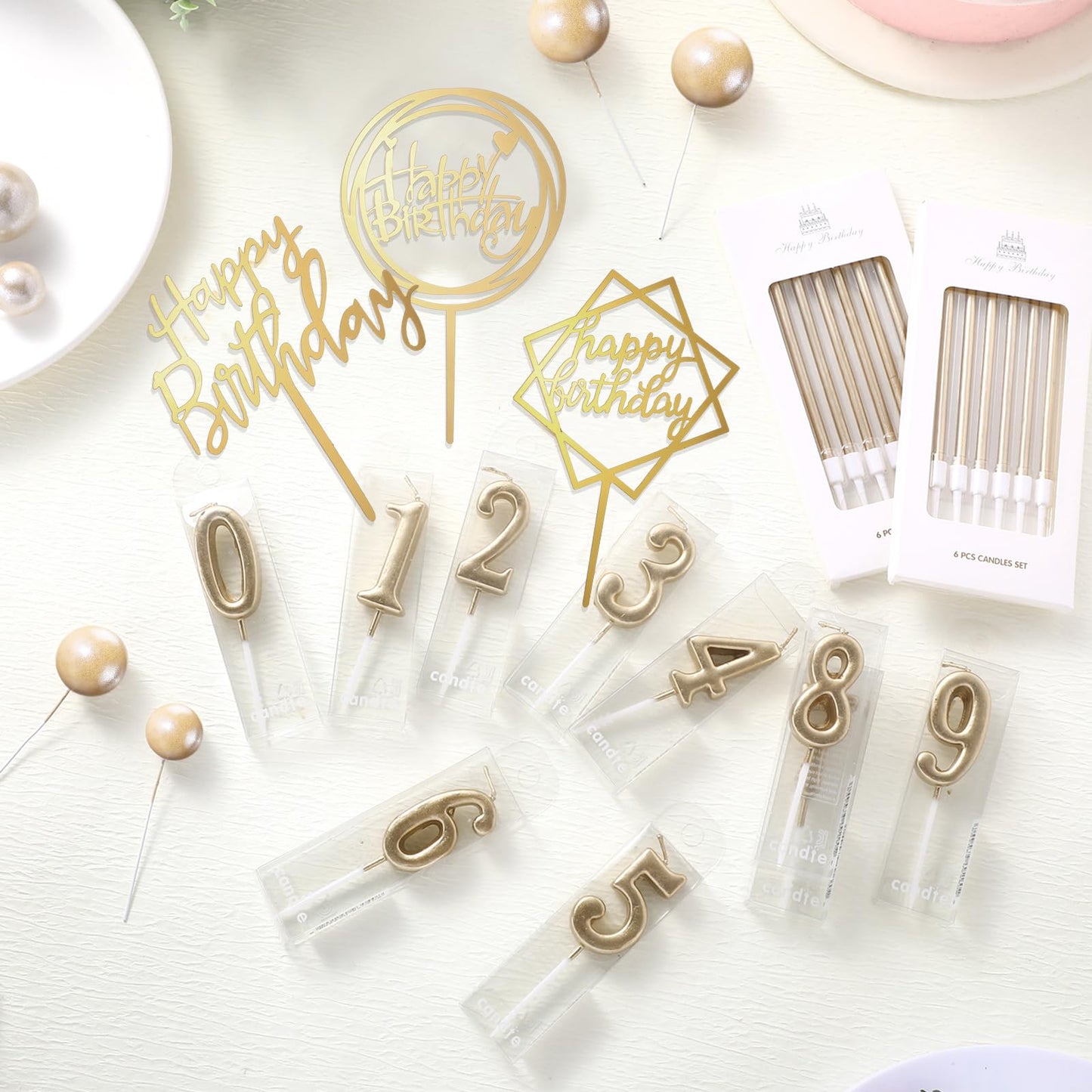 Yerliker 34 Pcs Happy Birthday Cake Toppers Decorations Birthday Candles DIY Cake Decor for Men Women Wedding Anniversary(Champagne)