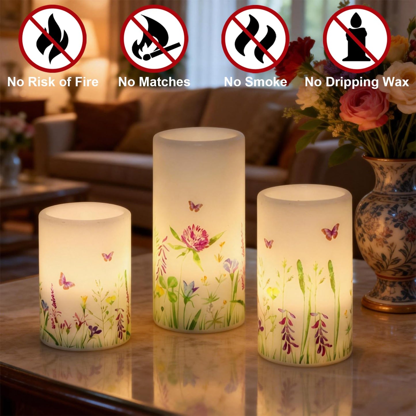 DRomance Butterfly Spring Flameless Candles with 6 Hour Timer Real Wax Battery Operated LED Flickering Pillar Candles Dinner Holiday Home Decor(3 Pack, 3" D x 4", 5", 6" H)