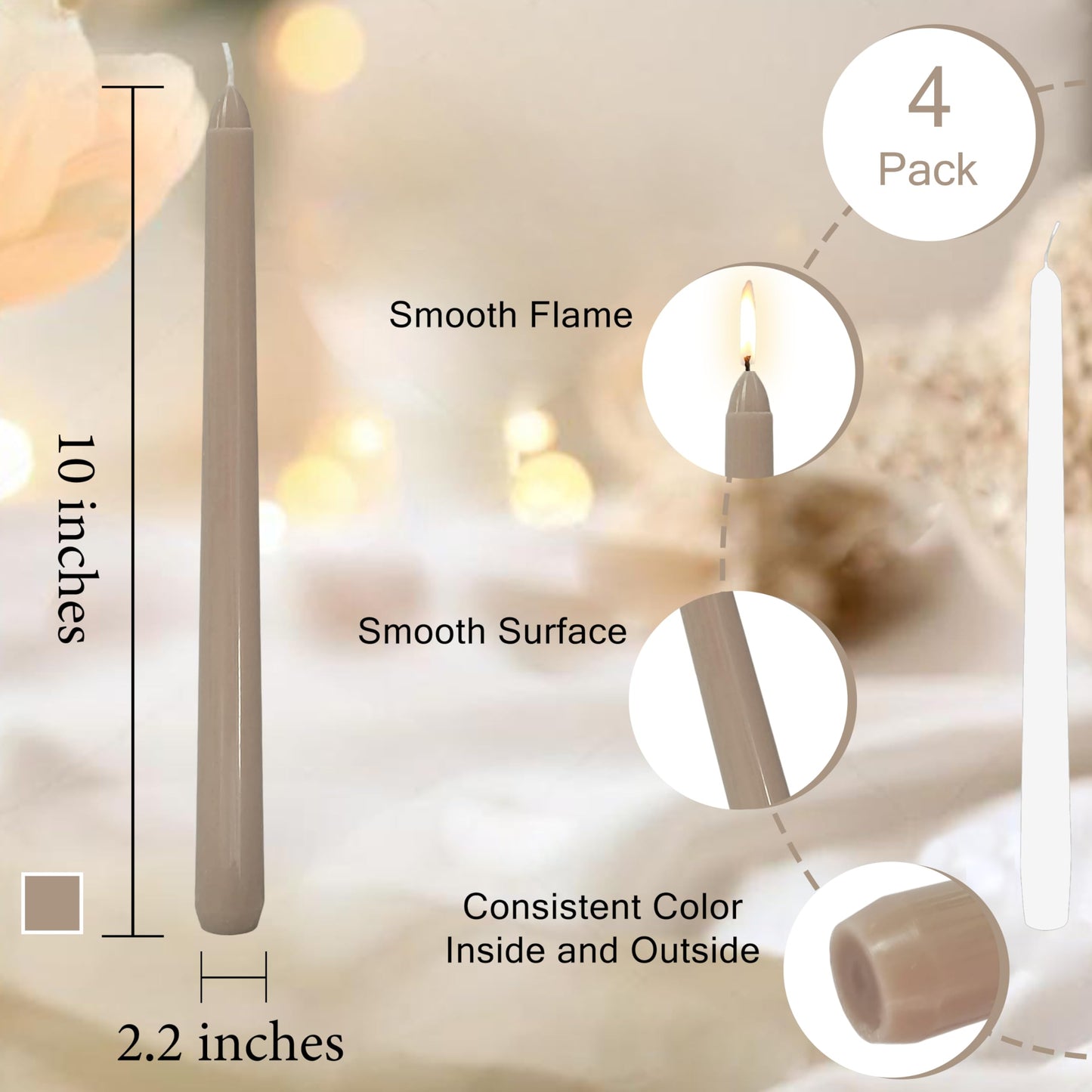 10 inch Cinnamon Taper Candles Set of 4 Unscented Taper Candles Smokeless Candle - Slow Burning Candle Sticks for Home Wedding Dinner Holiday Party