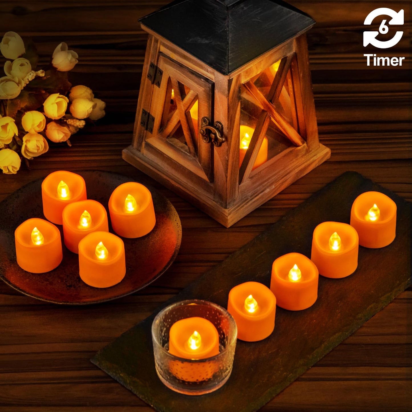 Windshell Orange Tealight Candles with Auto 6H Timer (No Remote), Battery Operated LED Flameless Tea Lights, for Halloween Thanksgiving Party, 12 Pack