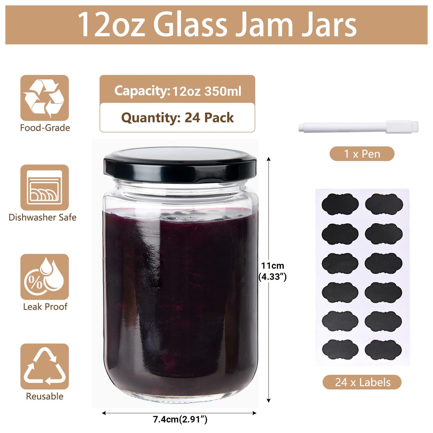 BPFY 24Pack 12oz Glass Jars with Lids, 350ml Clear Candle Jars for Making Candles, Reusable & Dishwasher Safe Manson Canning Jar Bulk for Jam, Jelly, Honey, Pickles, Spice