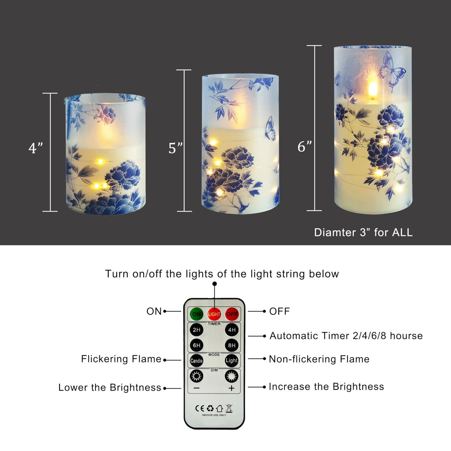 Flickering Flameless Candles Blue Peony Print Embedded Star String Lights, Battery Operated Acrylic LED Pillar Candles with 11-Key Remote and Timer for Home Decoration, 3 Pack