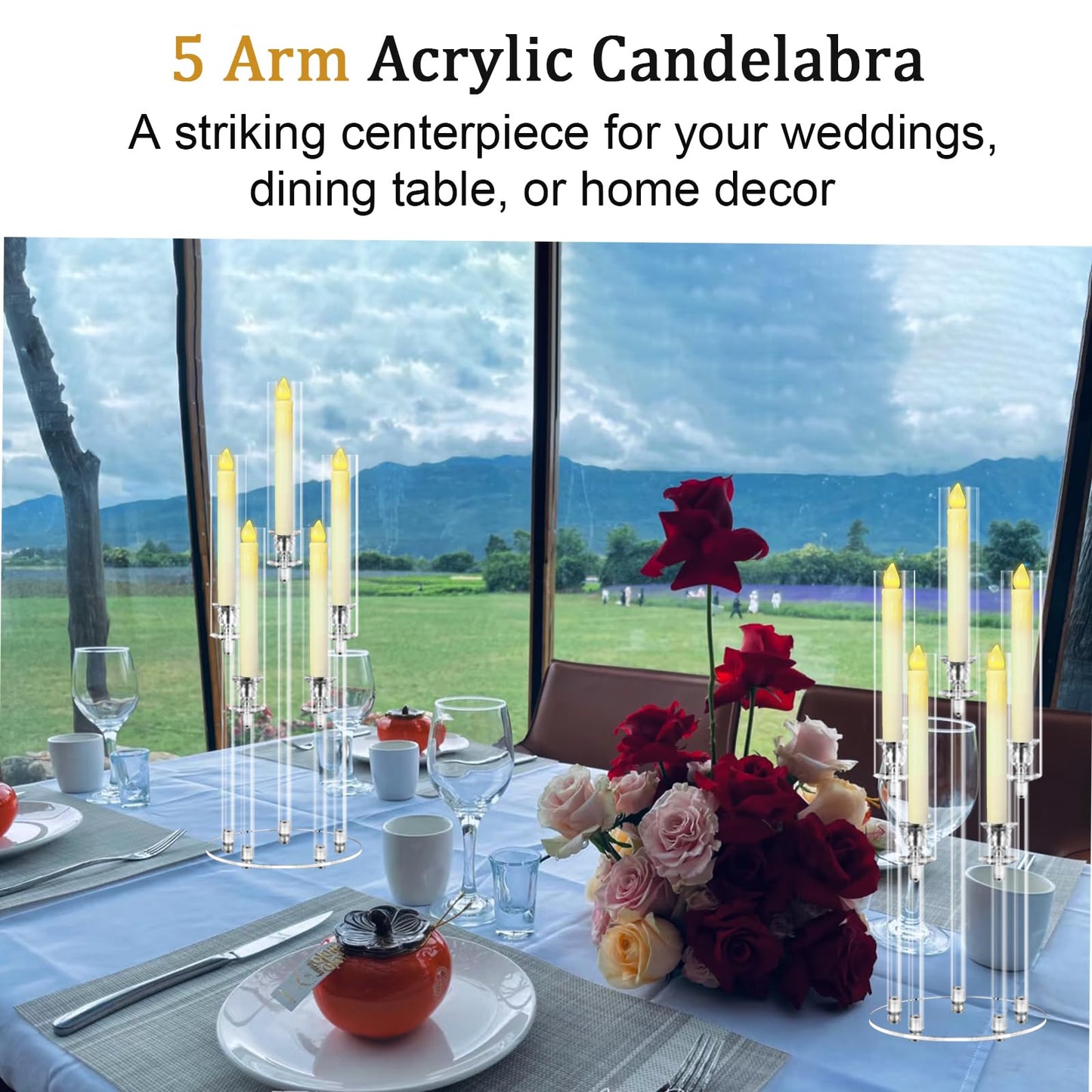 Cheloment 4 Sets 5 Arms Acrylic Candelabra Centerpieces for Tables, 27" Clear Candle Holder for Wedding Dinner Party and Home Decor,Candlesticks Holder with LED Candles