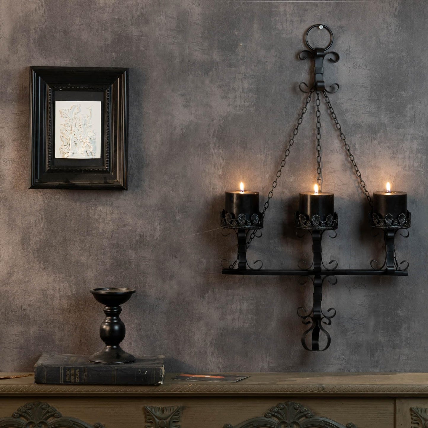 Black Wall Candle Sconces,3 Iron Candelabra,Gothic Victorian Decor,Rustic wall Candle Holder for Bathroom,Living Room,Dining Room Indoor Outdoor Use