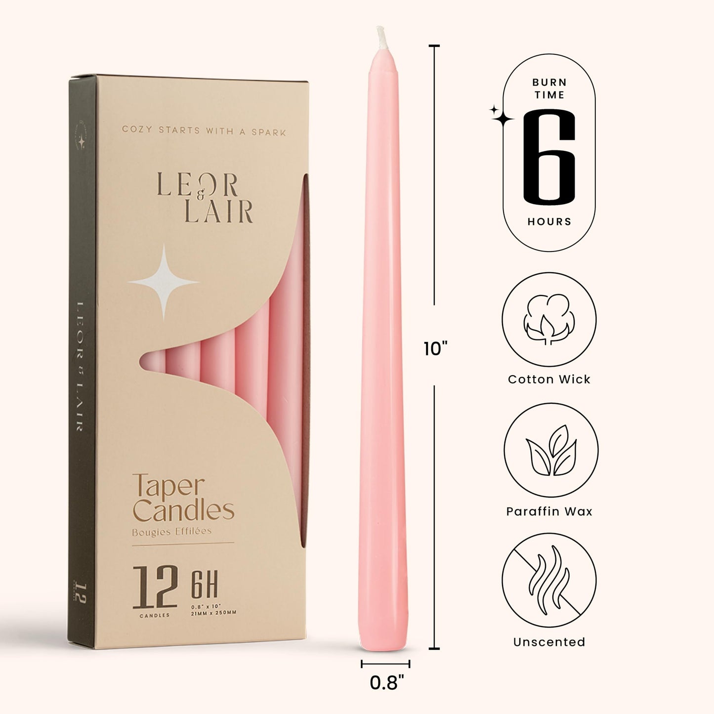 Leor & Lair Light Pink Taper Candles - 12 Pack 10" Pink Candlesticks - Unscented Blush Candles for Weddings, Mother’s Day, Baby Showers, Dinner Table & Holiday Decor