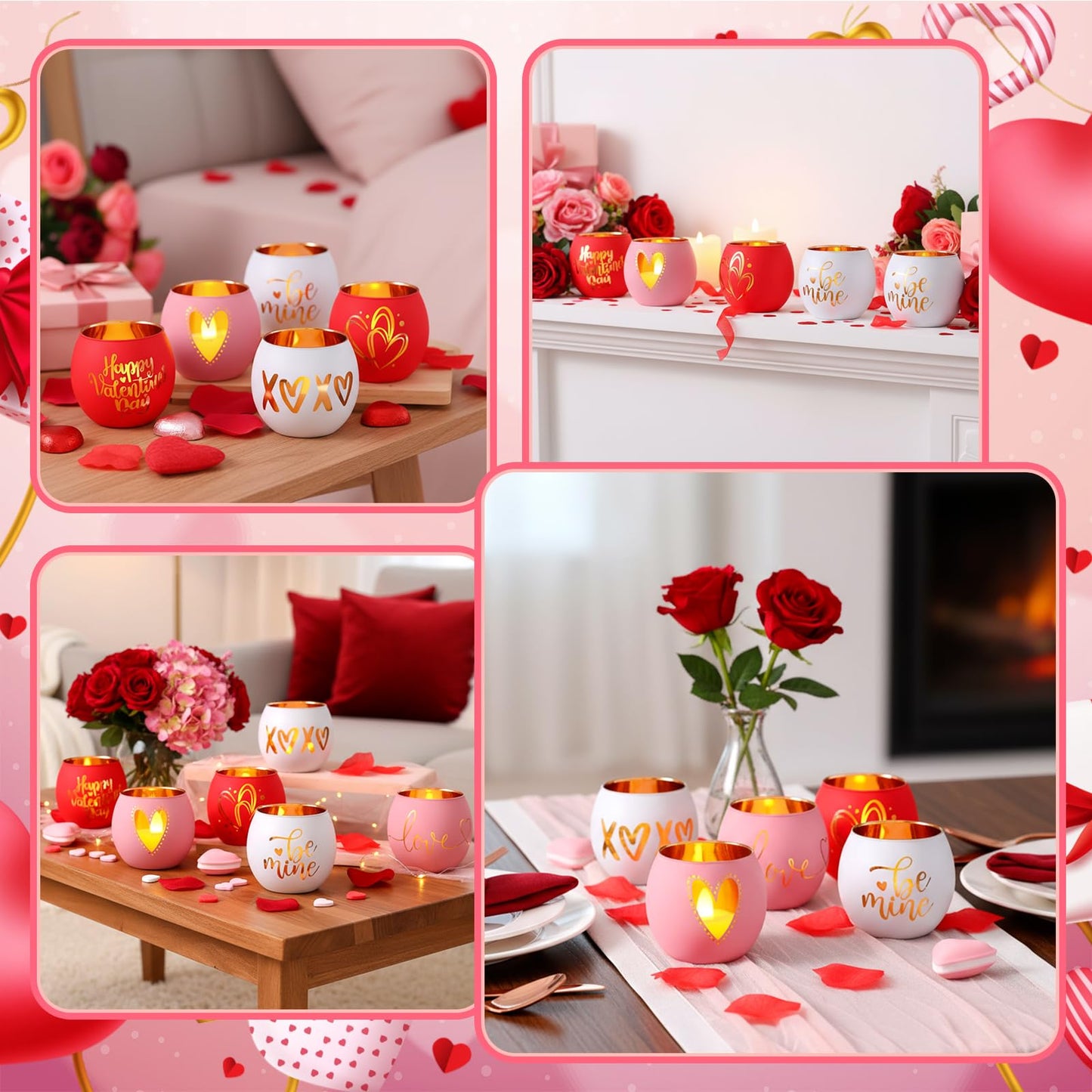 FoldTier 6 Pcs Valentines Candle Holders Love Glass Tealight Votive Candle Holder for Table Centerpiece Valentine's Day Wedding Party Decoration Home Tabletop Decor Gift