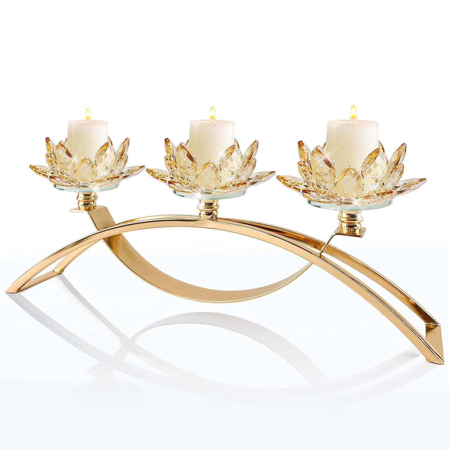 Tabletop Flower Crystal Candelabra with 3arm,Decorative Crystal Lotus Flower Candle Holder,Table Décor for Pillar candle1.5''(Gold)