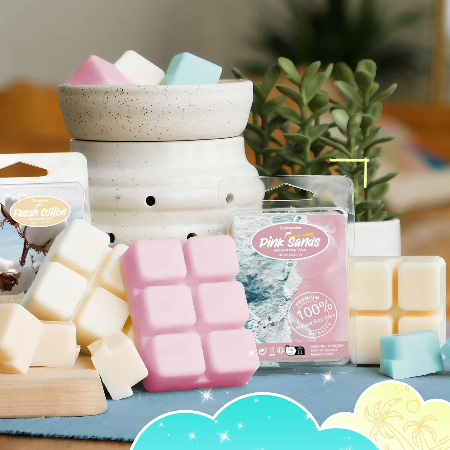Soulorigin Summer Scented wax Melts, Soy Wax Tarts for Warmer, Scented Candles Gift Set -Sea Breeze, Coconut, Pina Colada, Pink Beach, Pineapple, Watermelon, Vanilla Ice Cream, and Fresh Cotton, 8Pack